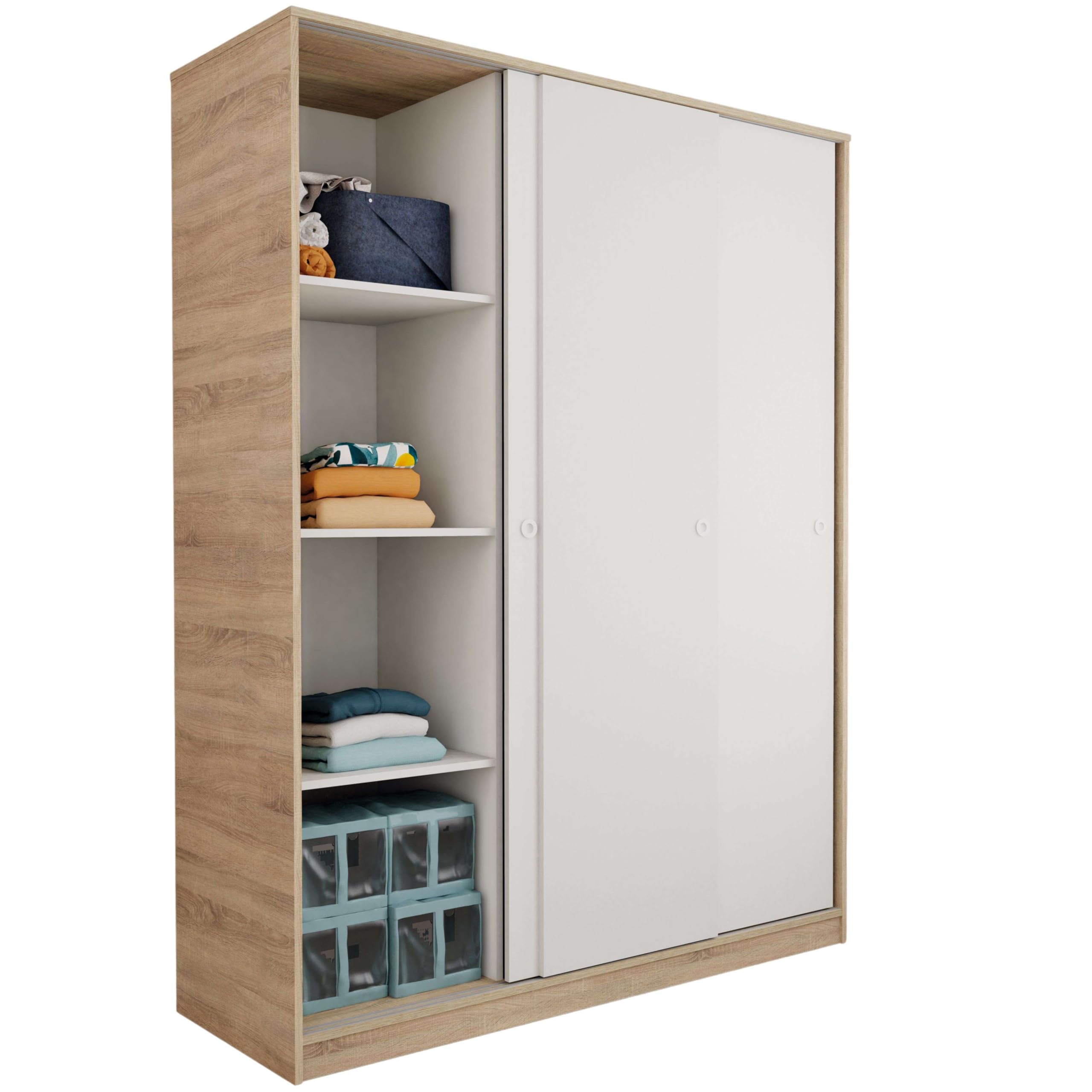 MUEBLES PITARCH Armario Grande Tibet con 3 Puertas Correderas Roble Cambrian, Blanco Mate o Roble y Blanco 150x200cm