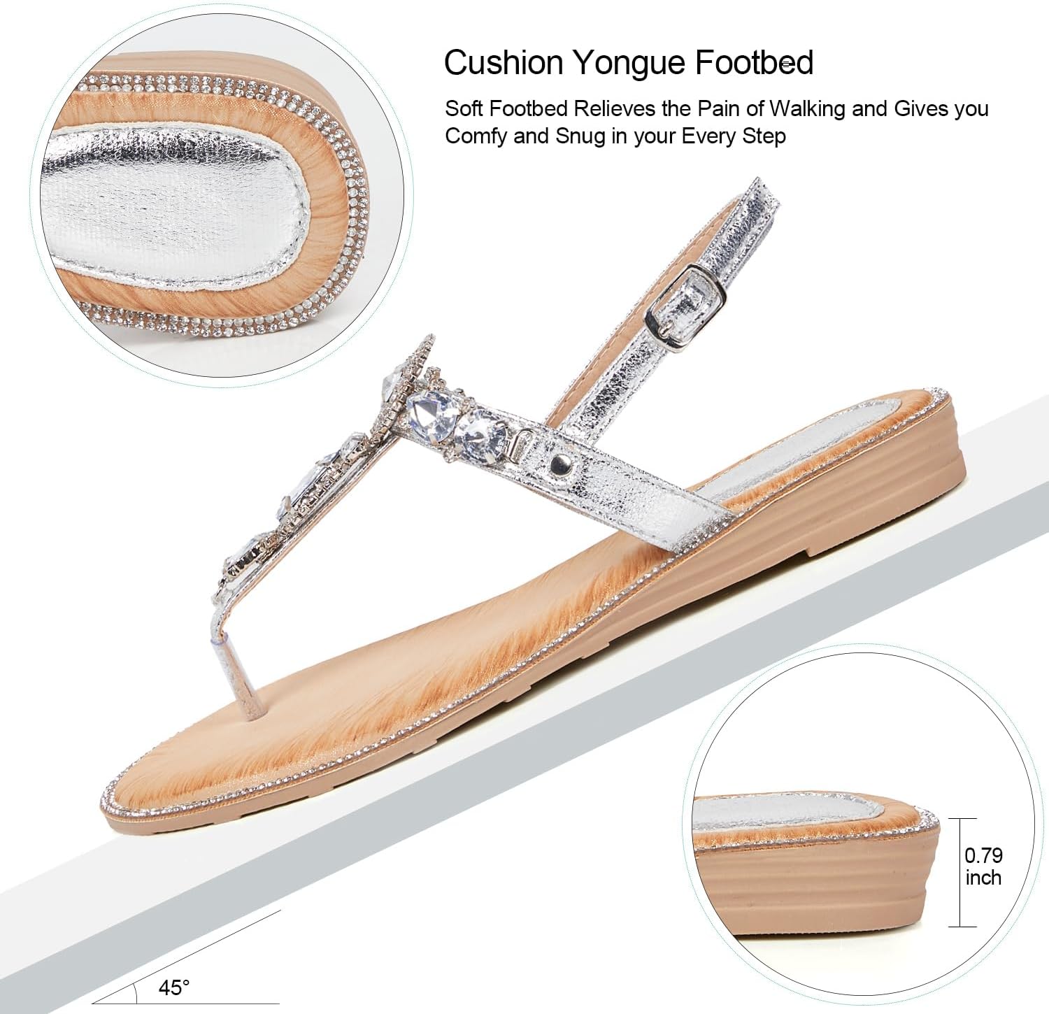 iCKER Women Rhinestone Sandals T-Strap Buckle Bohemian Pearl Crystal Flat Sandals