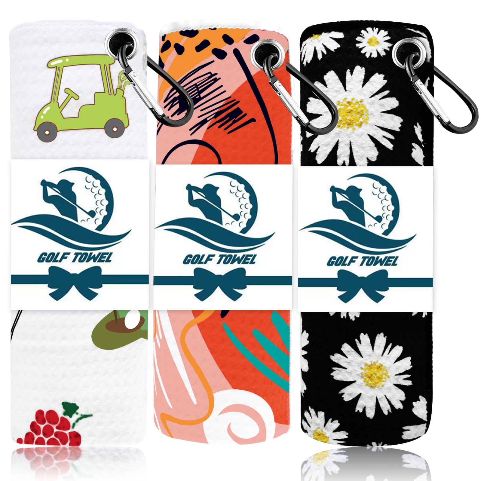 FINGER TEN 3 Pack Golf Towels Microfiber Waffle Pattern Tri-Fold 16“x16”with Heavy Duty Carabiner Clip, Golf Cleaning Towel Superior Water Absorption Quick Dry (Black+White+Orange)