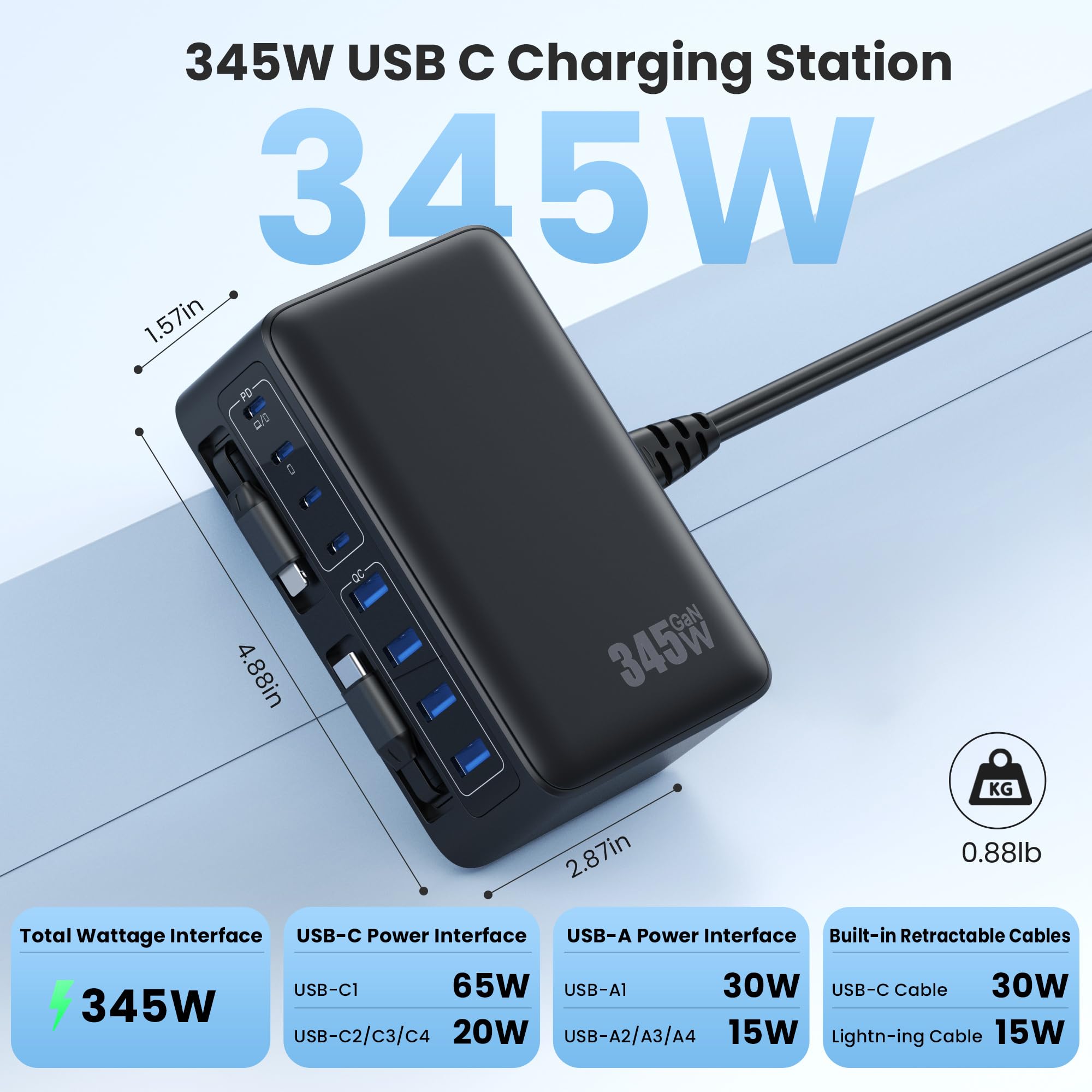 345W Chargeur USB C Multiple avec Câble Rétractable, 10-en-1 GaN VI Tech Prise USB, PD/PPS/QC Chargeur Rapide Multiple Station de Charge pour MacBook Pro/Air, iPhone, i Pad, Sam Sung Tablette etc.