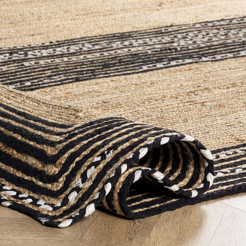 Tapis rond classique en coton et jute fait à la main – Décoration rustique bohème – Durable, écologique et respectueux des animaux domestiques – Pour salon, chambre à coucher et salle à