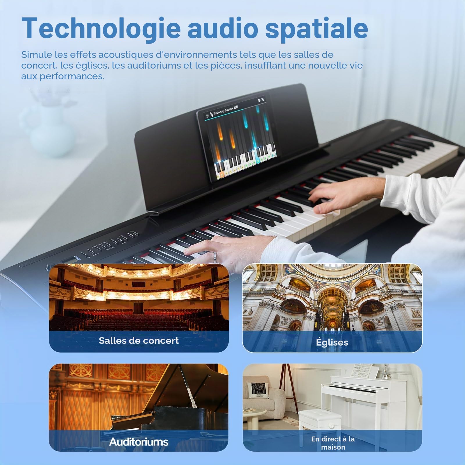 TERENCE Piano Numérique 88 Touches Clavier Graded-Hammer 50W Haut-parleurs HiFi Doubles Enregistrement Vidéo Mobile Bluetooth MIDI Prise en Charge des Casques et des Haut-parleurs