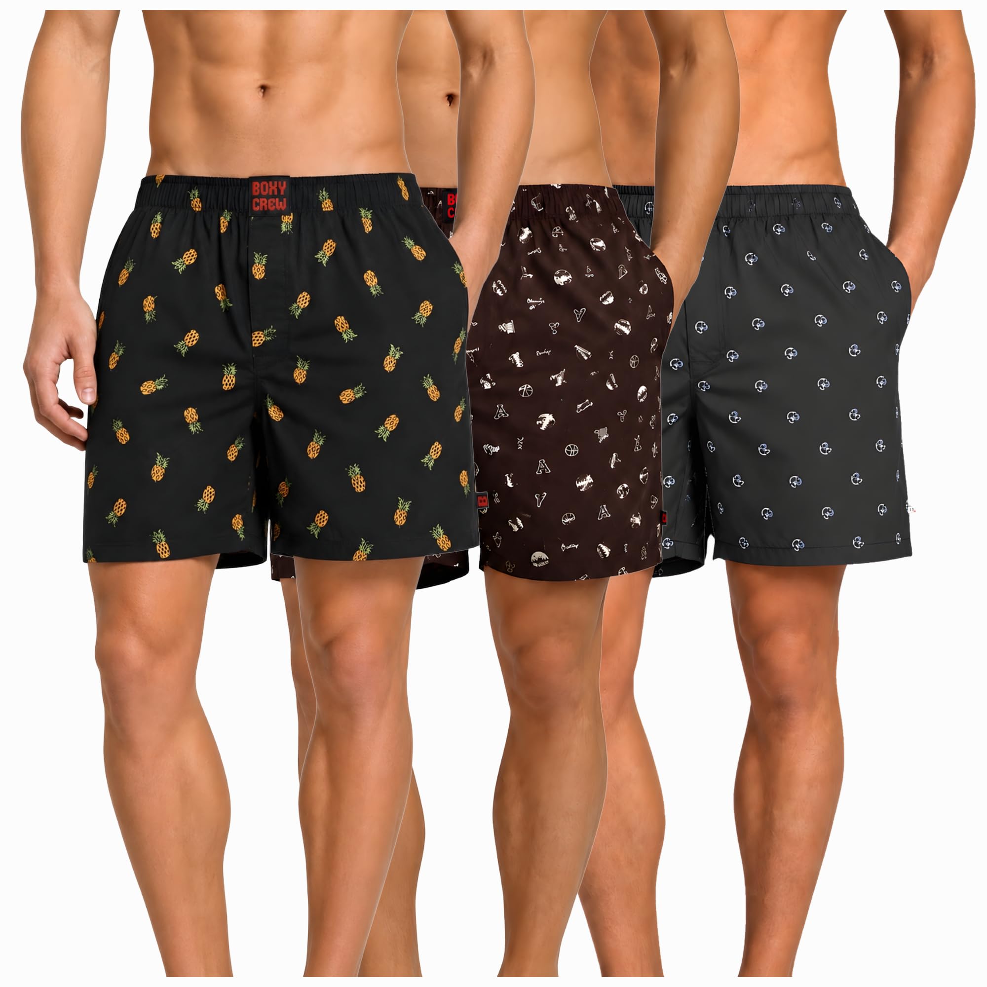 Men's 100% Cotton Boxer Shorts Pack of 3, Charcoal, Brown & Navy Blue | Woven Boxers with Side Pockets, No-Marks Elastic Waistband, Breathable Relaxed Fit | Style 004-005-009-image-44