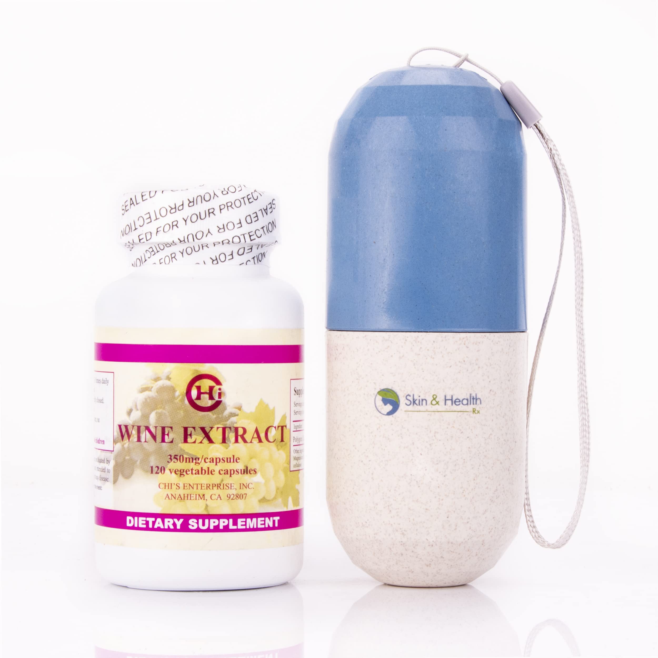 Chi's EnterpriseWine Extract 120 caps, Skin and Health Pill Organizer Bundle