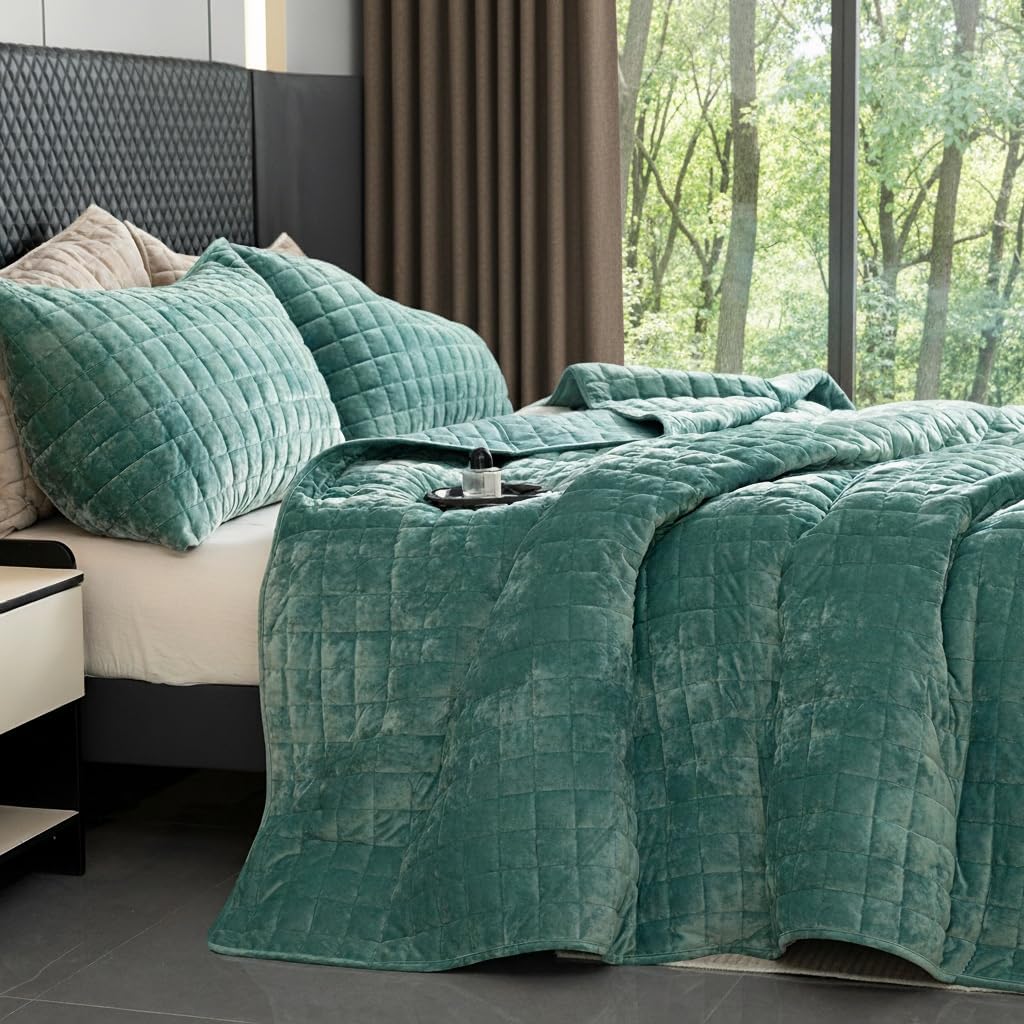 BOV Luxury Velvet Quilt Bedding Set Queen Size, Lightweight Comforter Bedspread Full Size Queen Coverlet Sets with Shams, Teal Green 92"x96" - Image 6