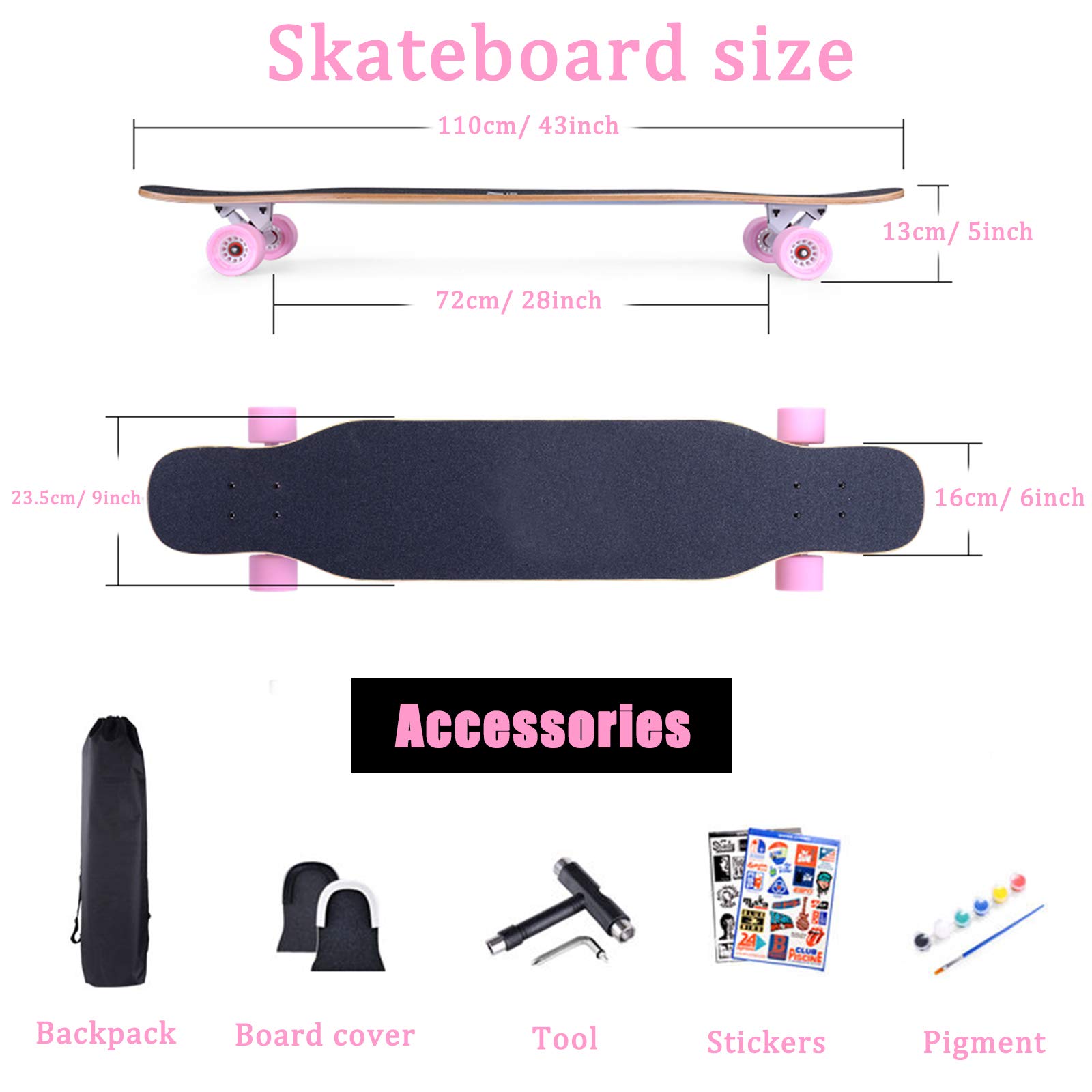 43"Longboard Skateboard Double Kick Planche à roulettes Concave, 7 Couches Canadiennes de Danse en Bois D'érable avec Roues LED PU pour Enfants, Adolescents et Adultes Débutants,Cat