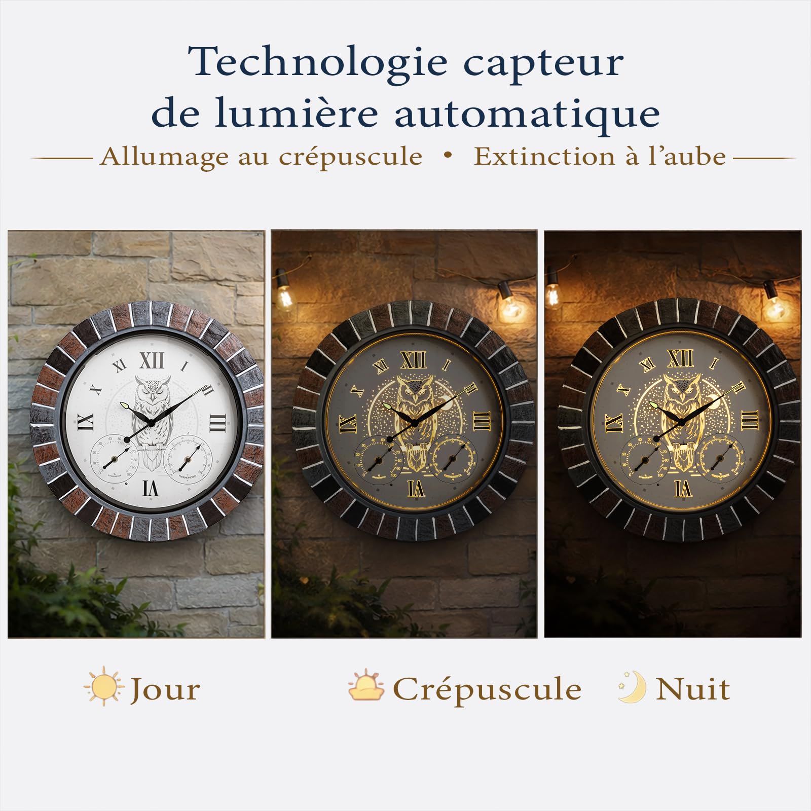 Horloge murale exterieure etanche 45 cm avec thermomètre et hygromètre, illuminée avec lumière nocturne intelligente, grande horloge silencieuse à piles pour jardin, patio, piscine et véranda