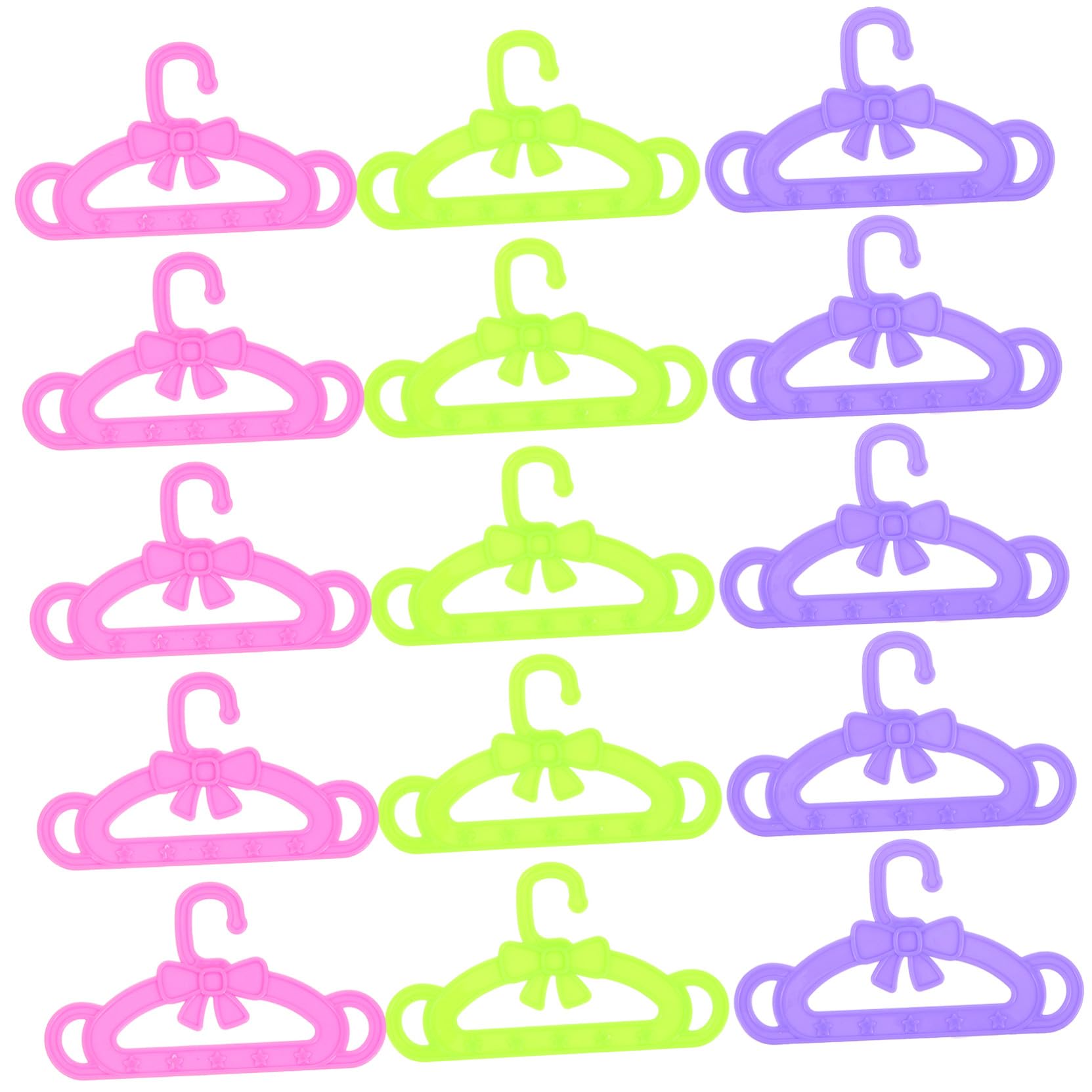 Abaodam 15 Piezas Perchas Plásticas para Ropa de Muñecas de Colgadores Color Rosa Verde y Morado para Organizar Vestidos y Accesorios de Muñeca