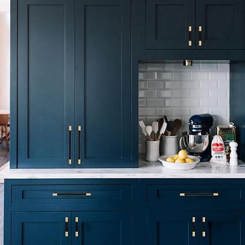 Miniatura 5 de Paquete de 10 manijas de gabinete de cocina de 7 pulgadas (6.969 in), tiradores de gabinete de cocina negro y dorado, tiradores moleteados para