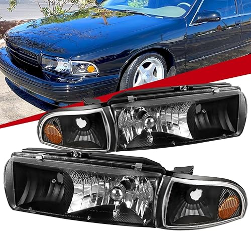 Carpartsinnovate Para Chevy 91-96 Caprice 94-96 Impala Faros delanteros negros y lámparas de esquina de señal de giro en pareja
