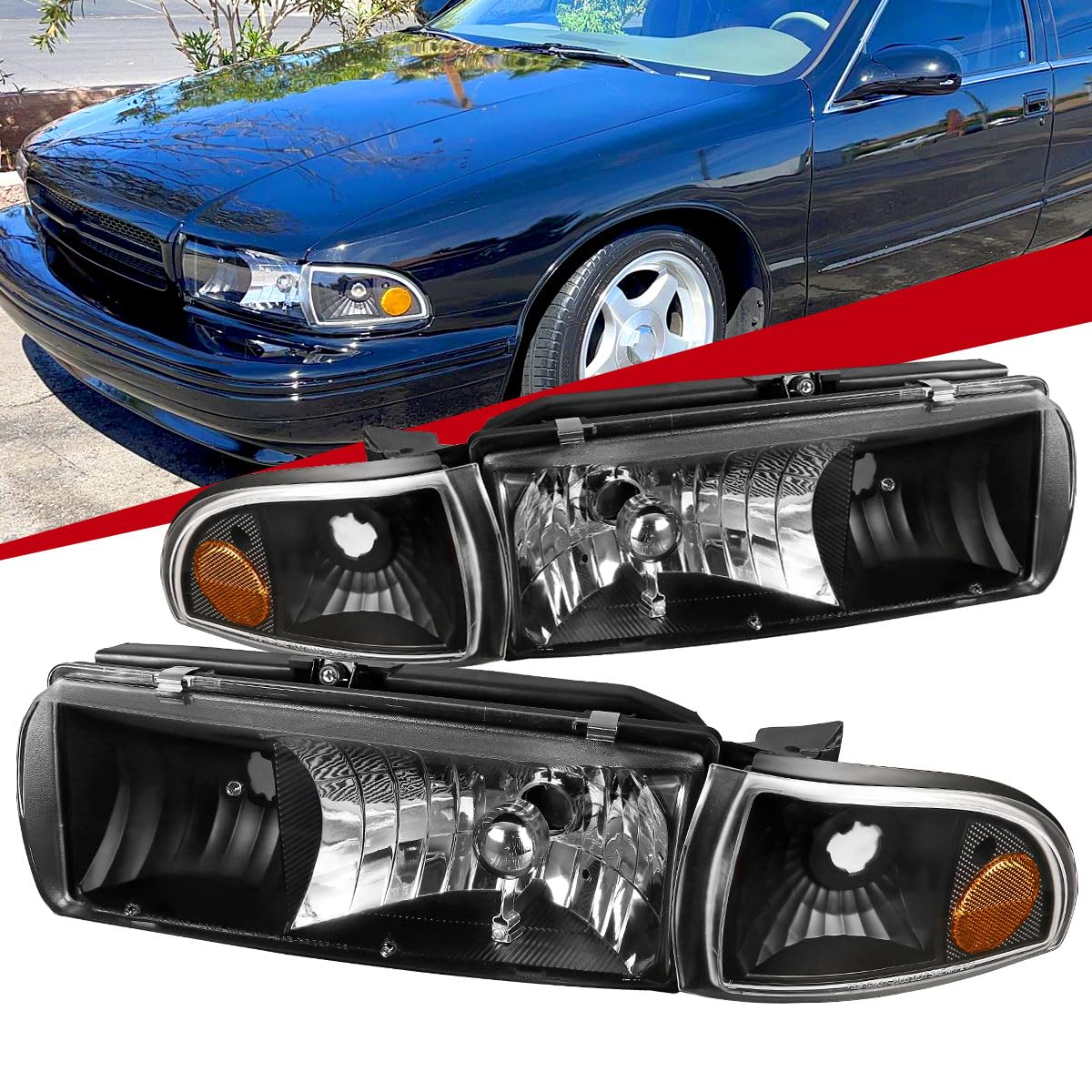 Fits Chevy 91-96 Caprice 94-96 Impala Black Headlights Corner Turn Signal Lamps Pair