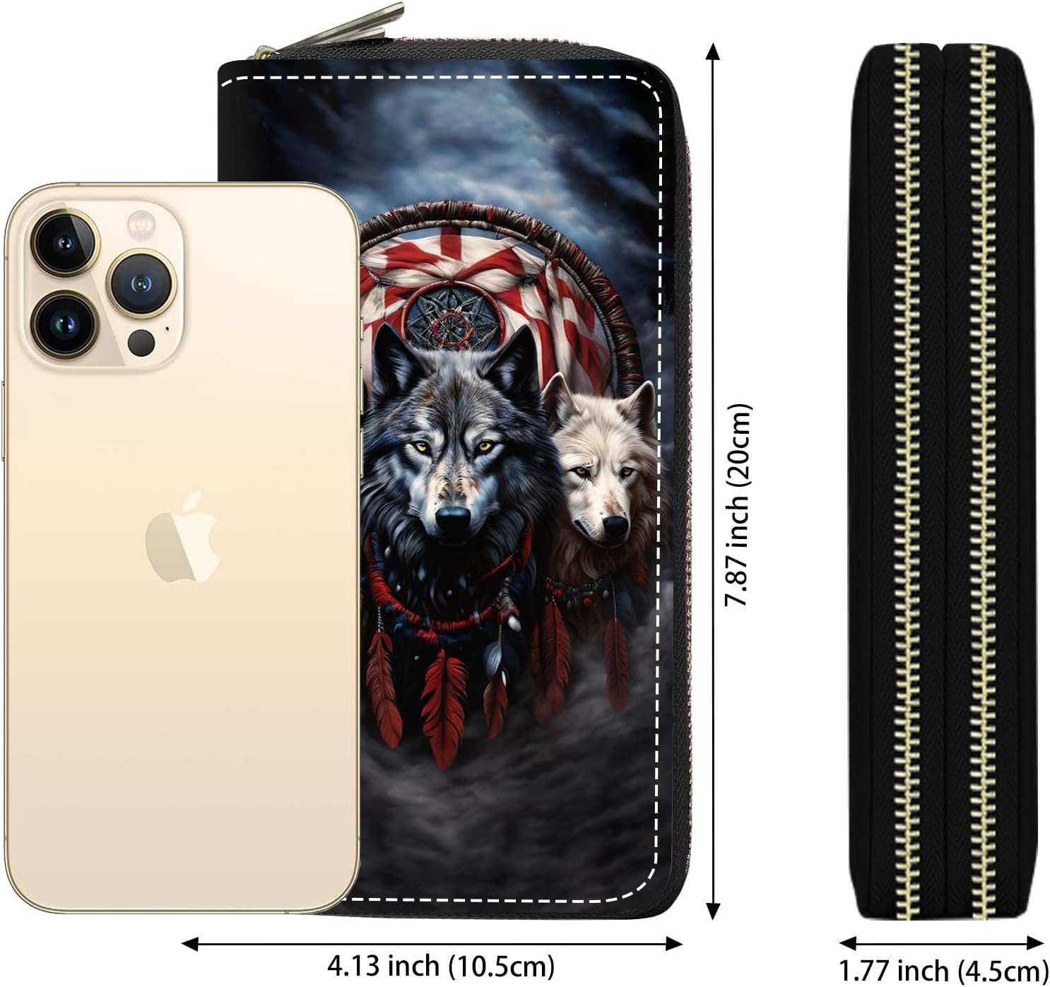 Women's Large Capacity Wallet PU Leather Double Zipper Clutch Purse Multifunctional Wallet with Removable Wristlet Strap for Smart Phone/Coin/Card/Cash, Dreamcatcher Wolf - Image 2