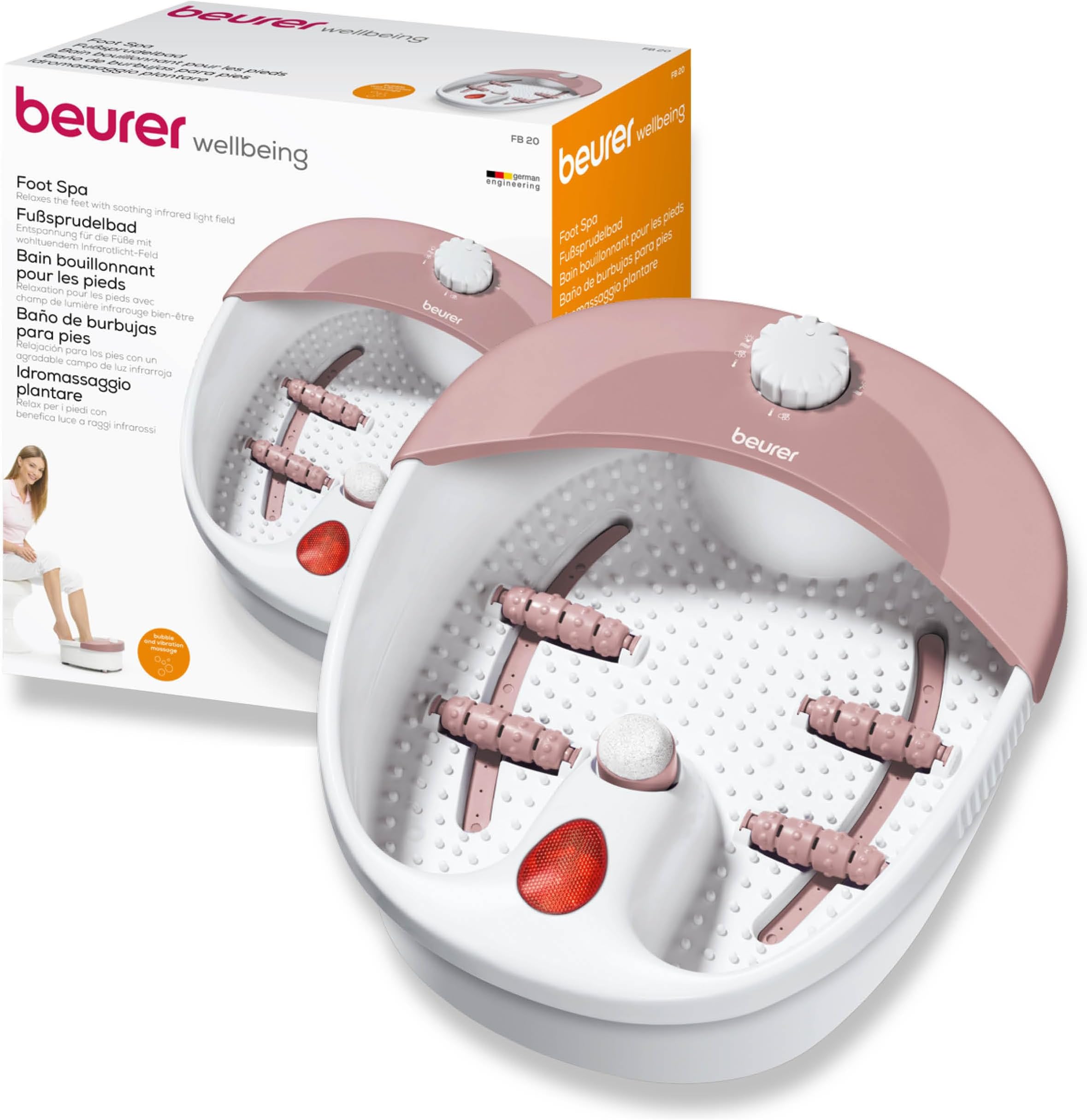 FB20 Foot Spa | Vibration and Bubble Massage Functions | Infrared Light Function | Reflexology Zone Massage | 3 Pedicure Attachments | Removable Splash Guard | Water Tempering