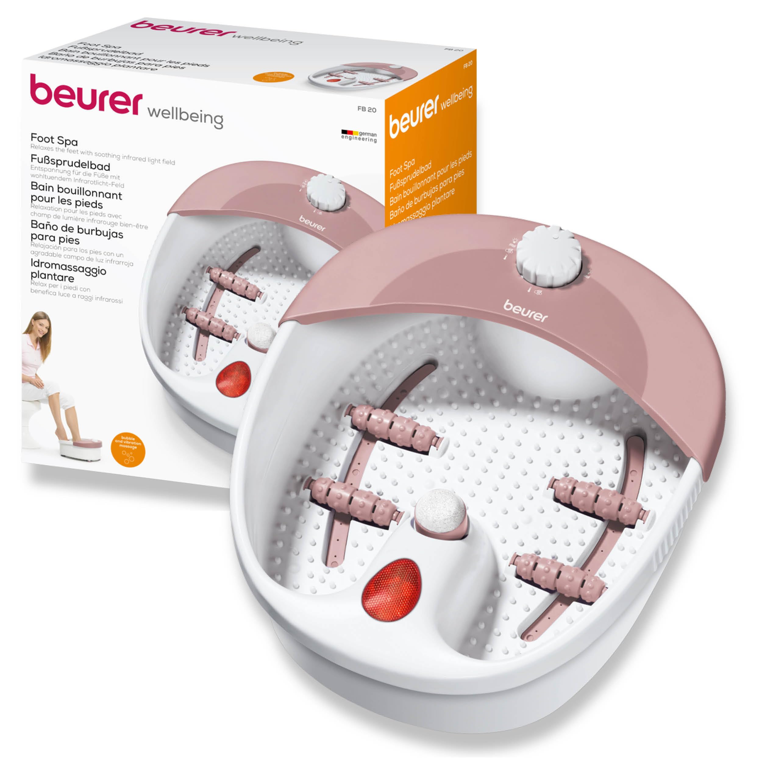 BeurerFB20 Foot Spa | Vibration and Bubble Massage Functions | Infrared Light Function | Reflexology Zone Massage | 3 Pedicure Attachments | Removable Splash Guard | Water Tempering