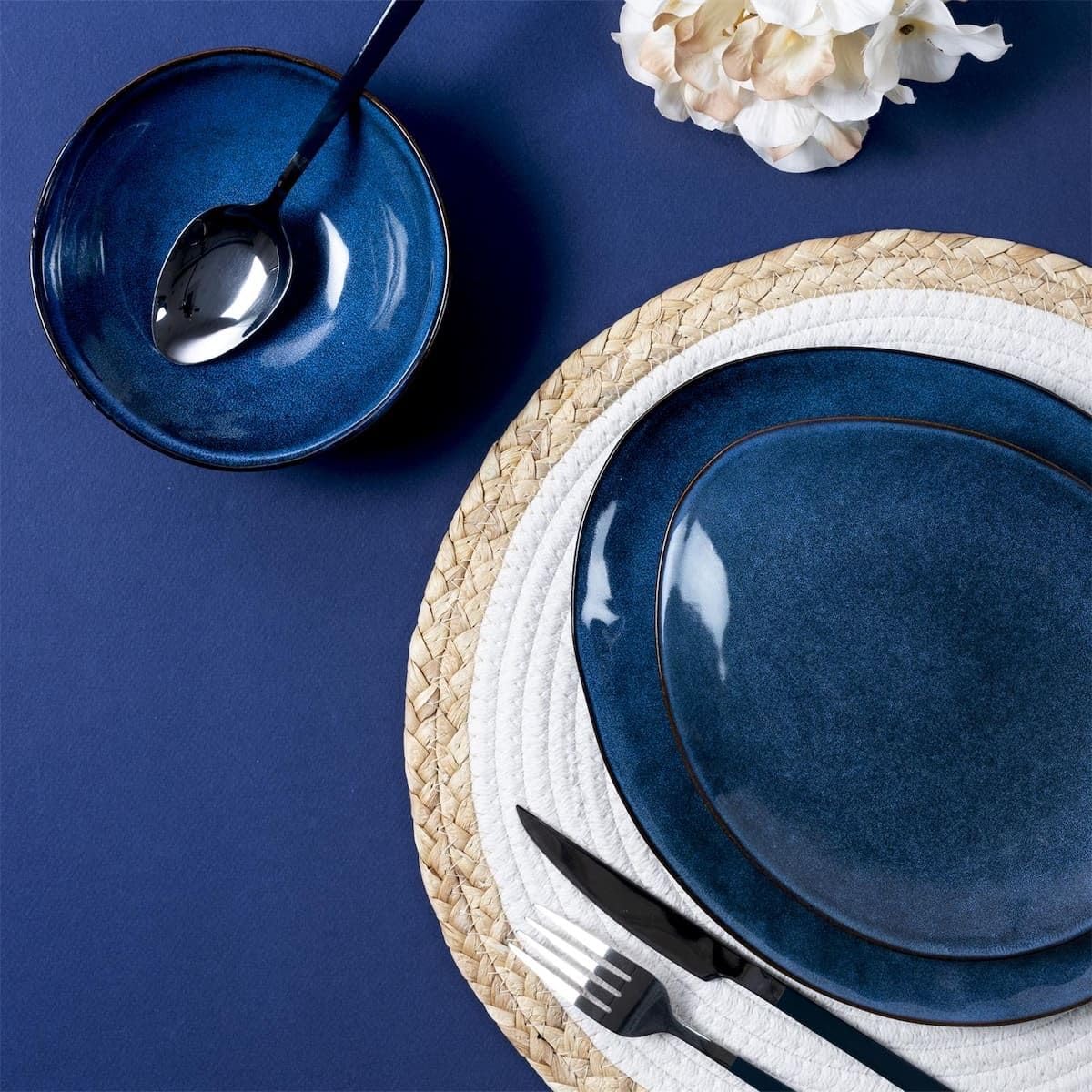 AltoBuy Set de 6 Assiettes Plates Galet en céramique au grés du Temps Bleu (27.5x23cm) - Galet
