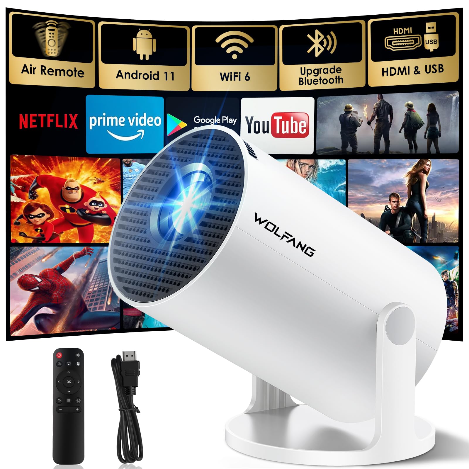 [App integrate e Android 11.0] Proiettore portatile WOLFANG 20000 Lux 4K supportato rotazione a 180° e Keystone automatico, compatibile con TV Stick/Windows/iOS/Android/HDMI/USB (1080P)