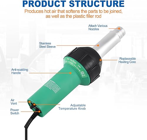 Miniatura 5 de Iglobalbuy Soldador de soldadura de plástico de aire caliente de 110 V 1600 W, pistola de soldadura de calefacción de PVC TPO de vinilo de aire
