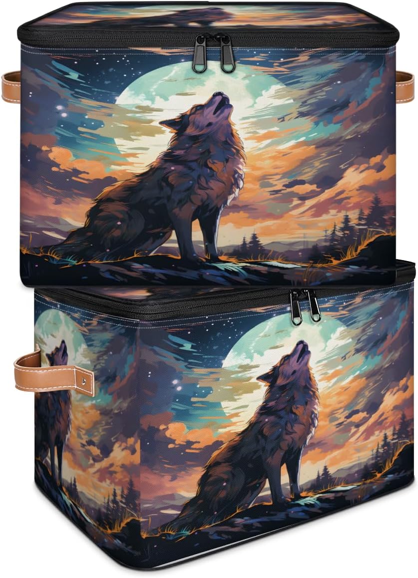 Pardick Storage Bin Set of 2 Moonlight Wolf Storage Basket with Zipper Lid & Handle Foldable Closet Shelf 2 Pack Cloth Organizer Basket Cube Bins Clothes Organizer for Bedroom, Nursery