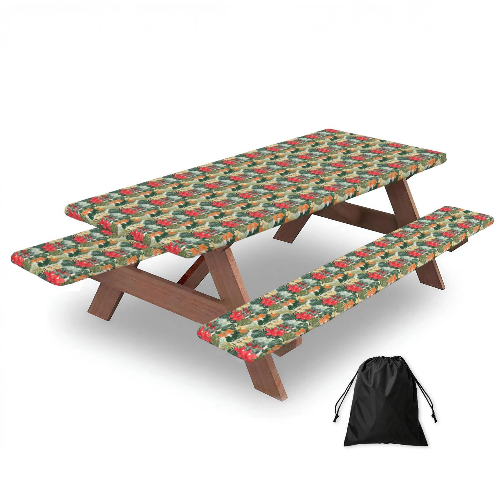 AYYQWE Vegetation Leaves With Hibiscus Flowers Print Picnic Table Bench Cover Outdoor Garden Party Decor Daily Accessory Gift