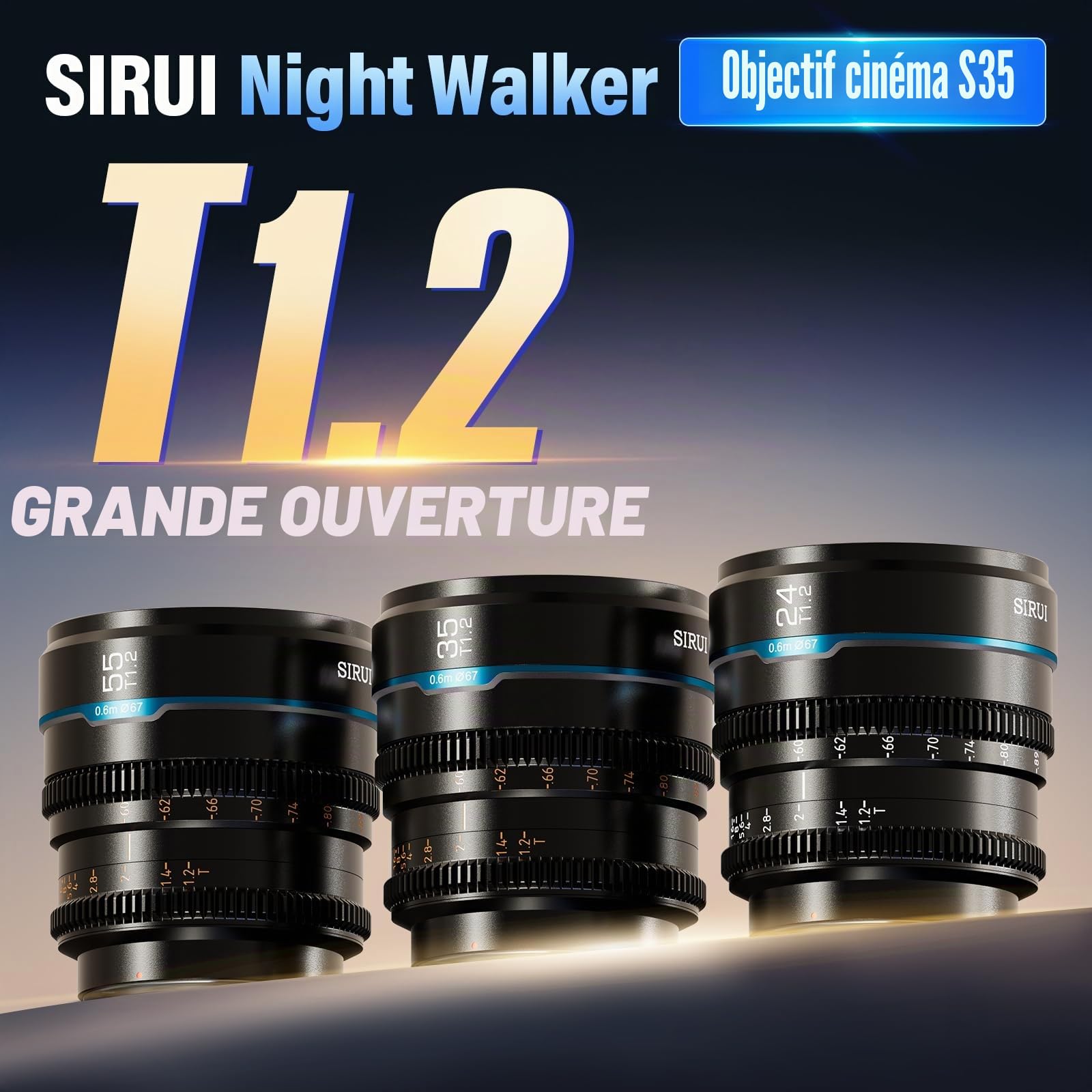 SIRUI Night Walker 24mm 35mm 55mm kit Objectifs T1.2 S35, Manual Lens Focale Fixe, Grande Ouverture, Compact et léger, vlogging, pour Monture X, X-T3, X-T5, X-T20, X-T30II, X-S10, X-S20, Noir