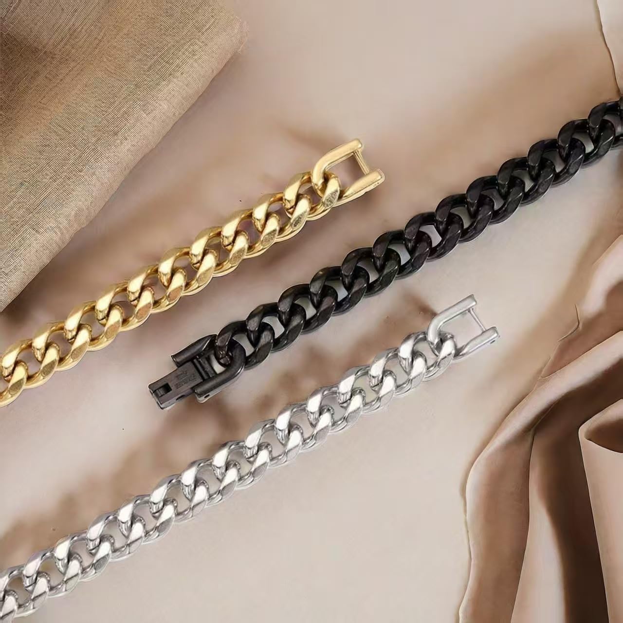 Mens Bracelet Cuban Link: Cuban Chain Wrist Bracelets with Stainless Steel Closure, Black Silver Gold Link Bracelets for Men - Image 5