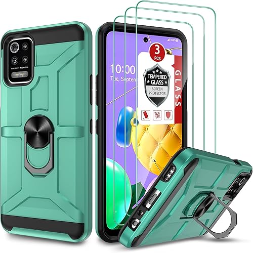 Funda para LG K52LG Q52LG K42, LG K62K62 Plus con 3 protectores de pantalla de vidrio templado, soporte de anillo integrado y soporte magnético para