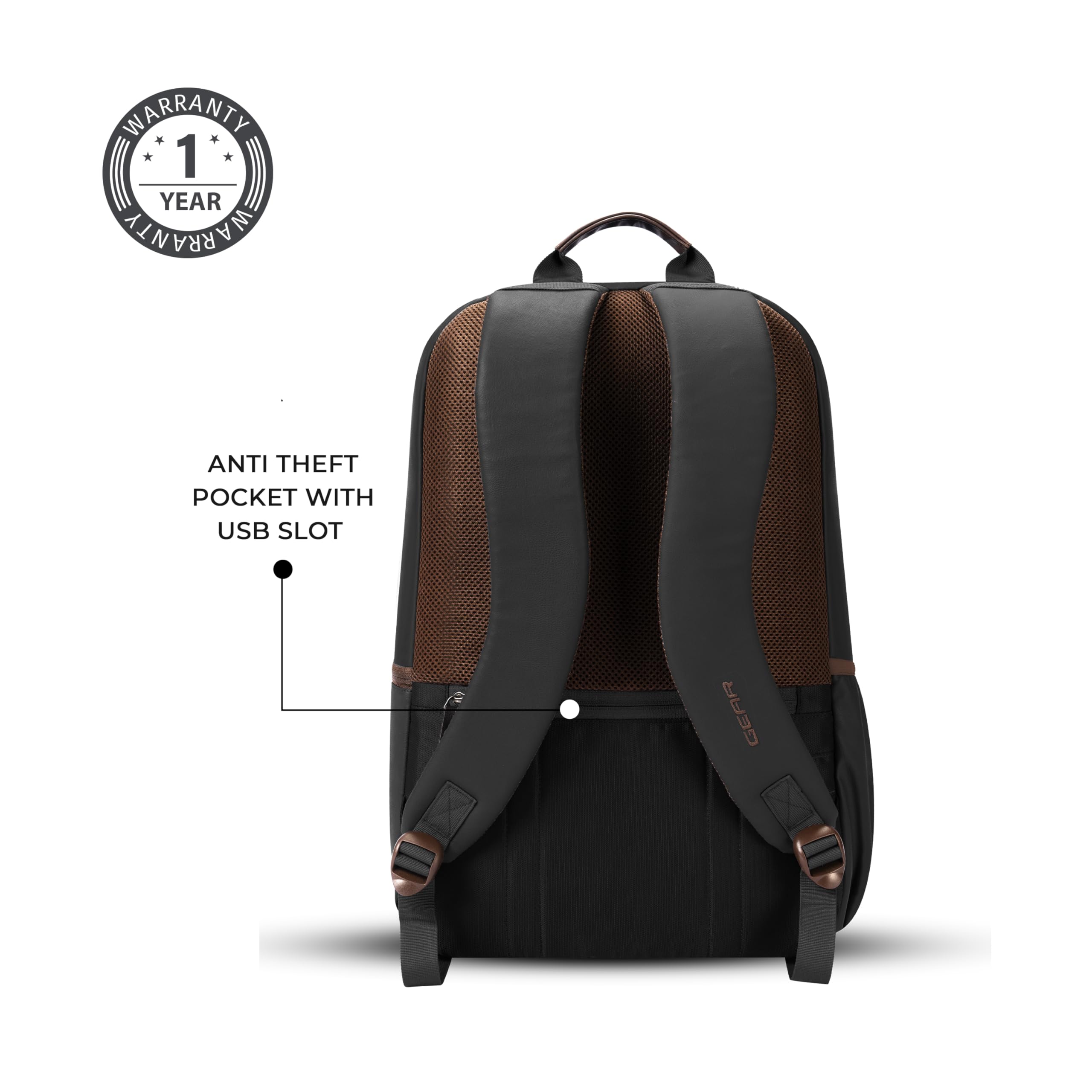 Gear Classic 6 18"/31L Antitheft Large Faux Leather Water Resistant Laptop backpack/Laptop backpack/Casual Backpack/Daypack/Travel Backpack/College Bag For Men/Women(Black-Brown) — Amazon image 7
