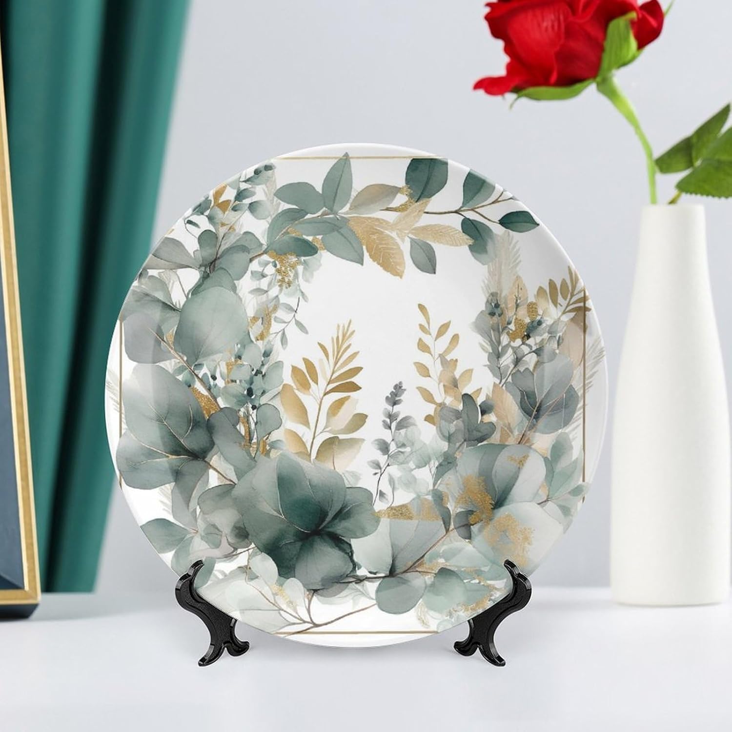 Bone China Decorative Plates Gold And Green Leaves Ceramic Decorative Plate Wall Decor with Display Stand Ceramic Ornaments for Wall Hanging Decoration