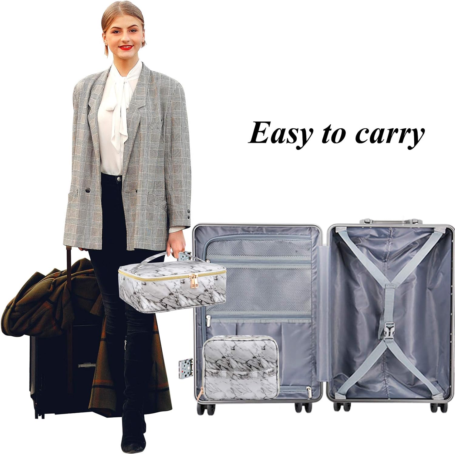 3Pcs Makeup Bags for Women, Travel Makeup Bag, Large Cosmetic Bag, Marble Makeup Bag with 10 Pcs Brushes, Makeup Case Organizer with Adjustable Dividers : Beauty & Personal Care