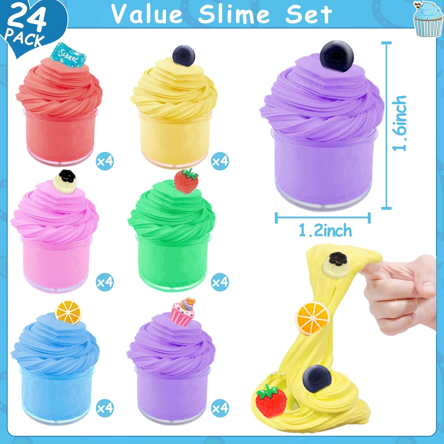 24 Pack Butter Slime Kit Stress Relief Toys Party Favors Supplies, Non-Sticky DIY Colorful Soft Fruit Stretchy Slime, School Classroom Goodie Bag Fillers Exchange Gifts for Kids Prize Girls Boys