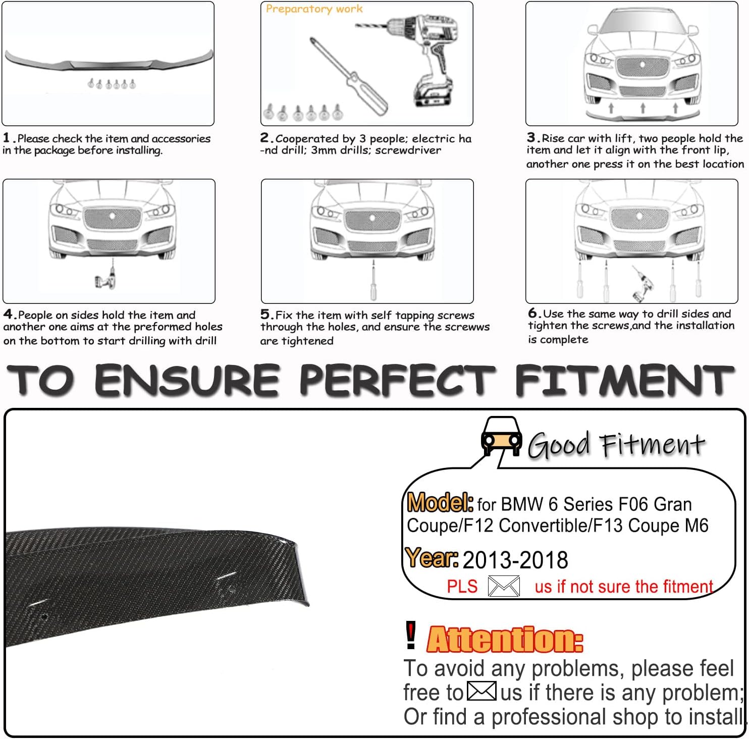 Carbon Fiber Front Bumper Lip for BMW 6 Series F06 Gran Coupe/F12 Convertible/F13 Coupe M6 2013-2018 Front Chin Spoiler Splitter Protector