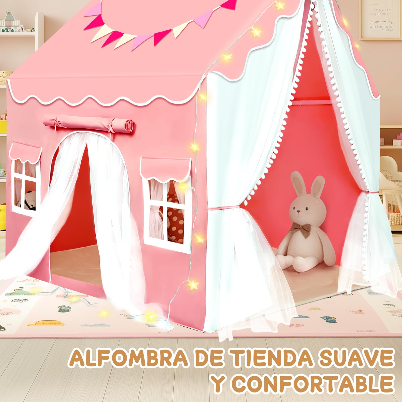 Herenear Tienda Campaña Infantil con 2 Puertas, Cabañas para Niños con Luces Banderas y Bajera, Casitas Infantiles Tela Interior, Ideal Casita Infantil para Niños Niñas (Esterilla para Tienda)