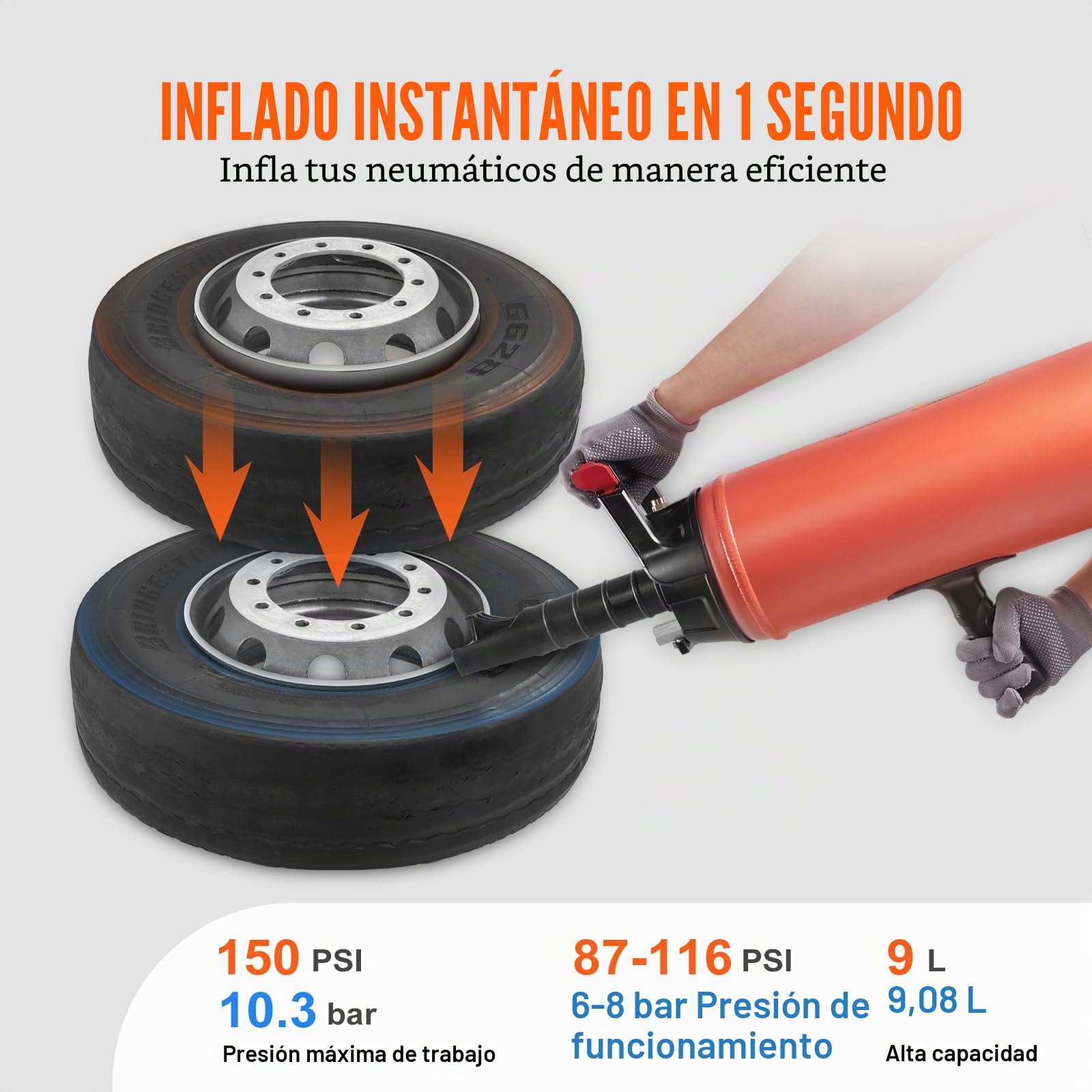 VEVOR Inflador de neumáticos de cañón de aire de 9 L, compresor de aire portátil de 150 PSI, presión de trabajo de 87-116 PSI para tractor, camión, ATV, coche y taller de reparación de automóviles