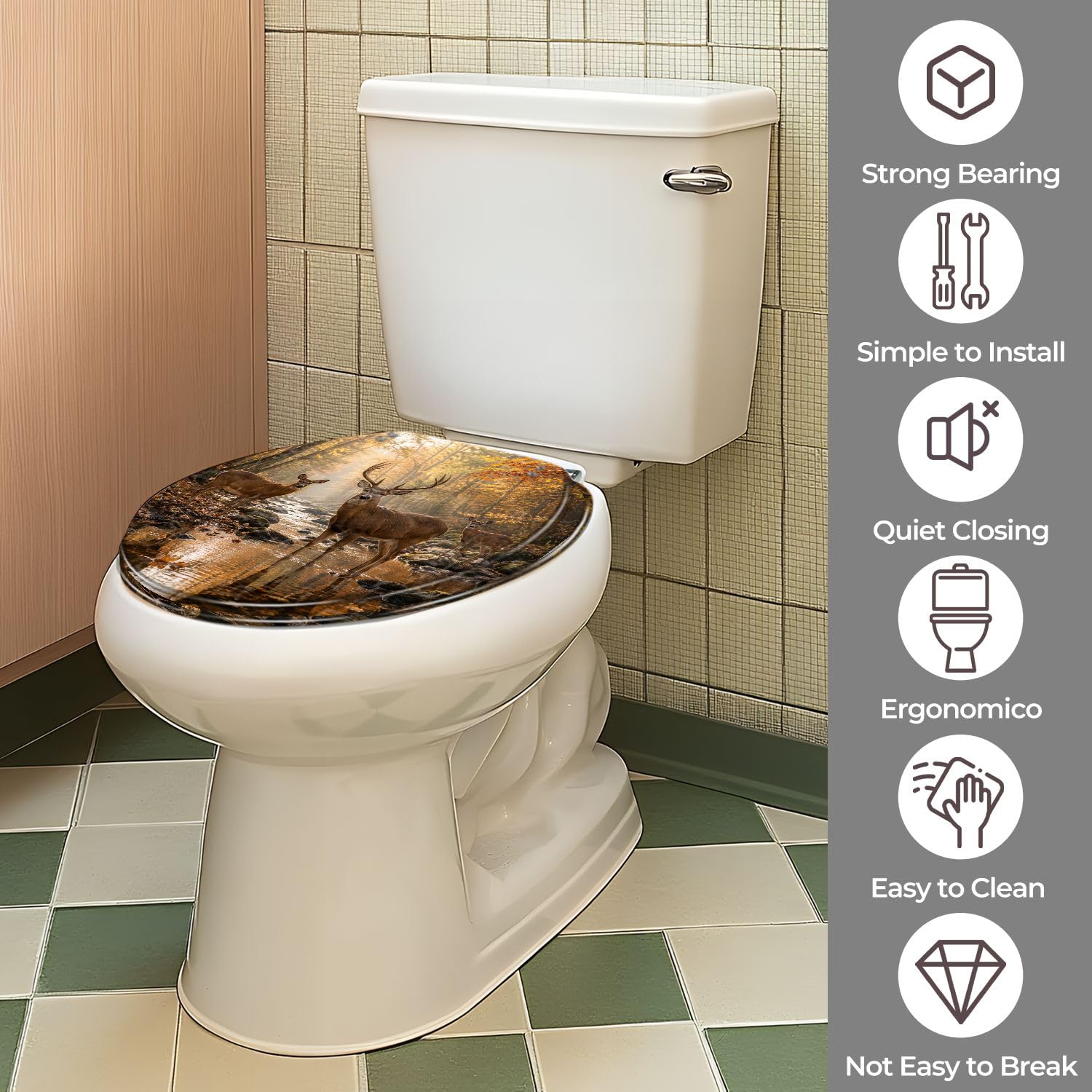 Asiento de inodoro rústico decorativo con bisagras de liberación rápida y cierre silencioso para baño.