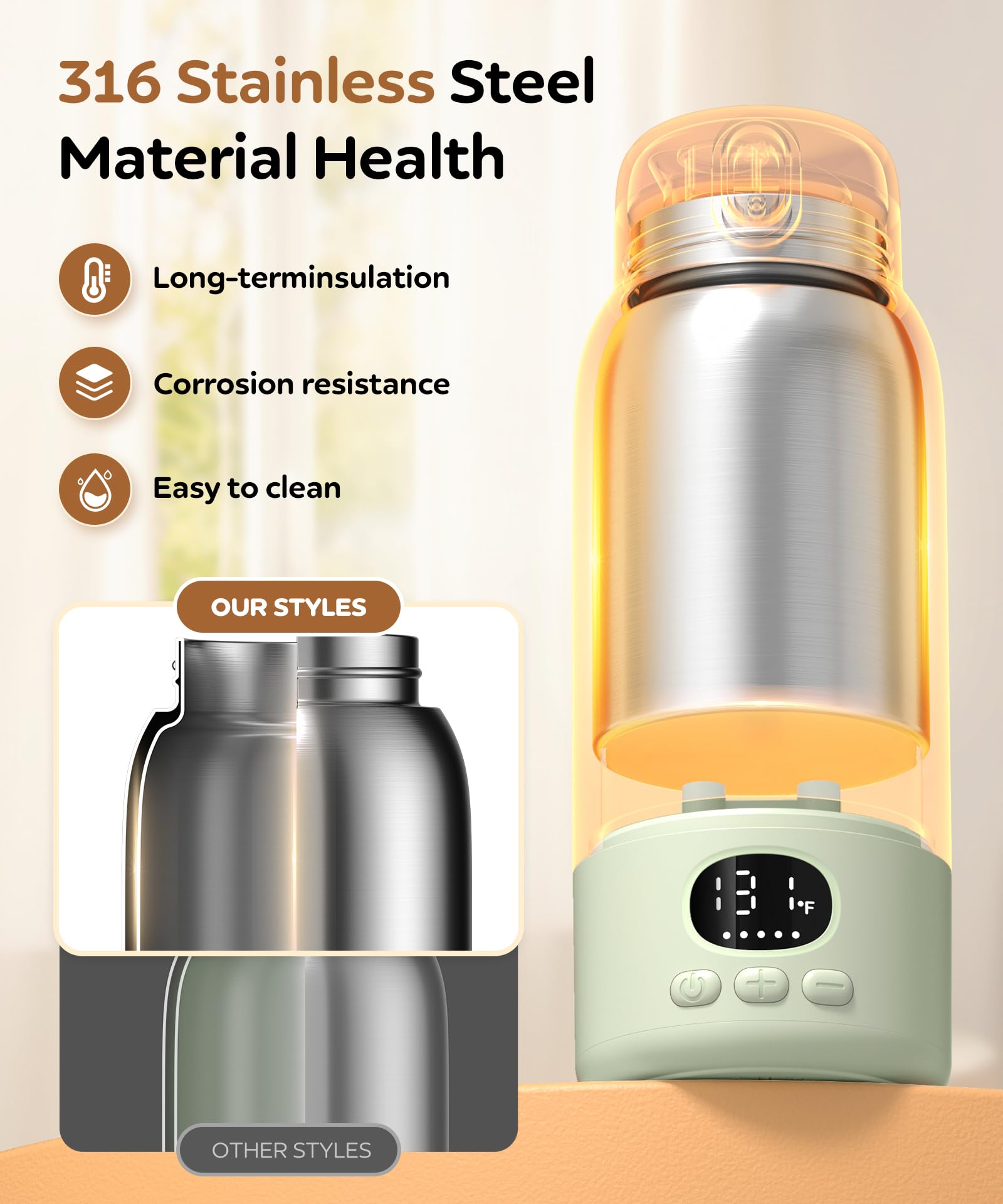 SORUTO Chauffe-biberon portable pour voyage, chauffe-lait à charge rapide de 45 W avec grande capacité de 500 ml, chauffe-lait maternel, longue durée de vie, contrôle précis de la température pour