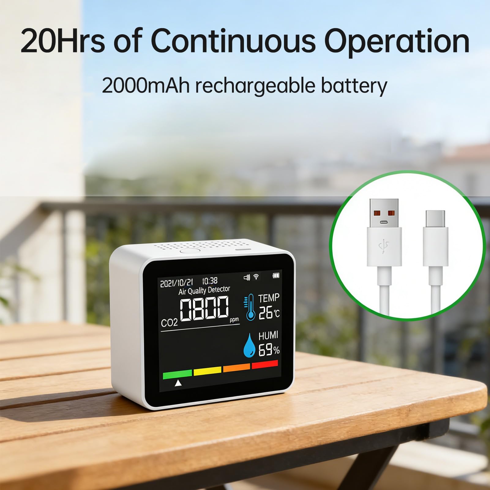 Detector de Calidad del Aire CO2 Portátil, Monitor de Aplicación Wifi, Temperatura/humedad/PM2.5/PM10, Pantalla LED, Batería Recargable, Hogar, Oficina y Coche (2CO9HB blanca)