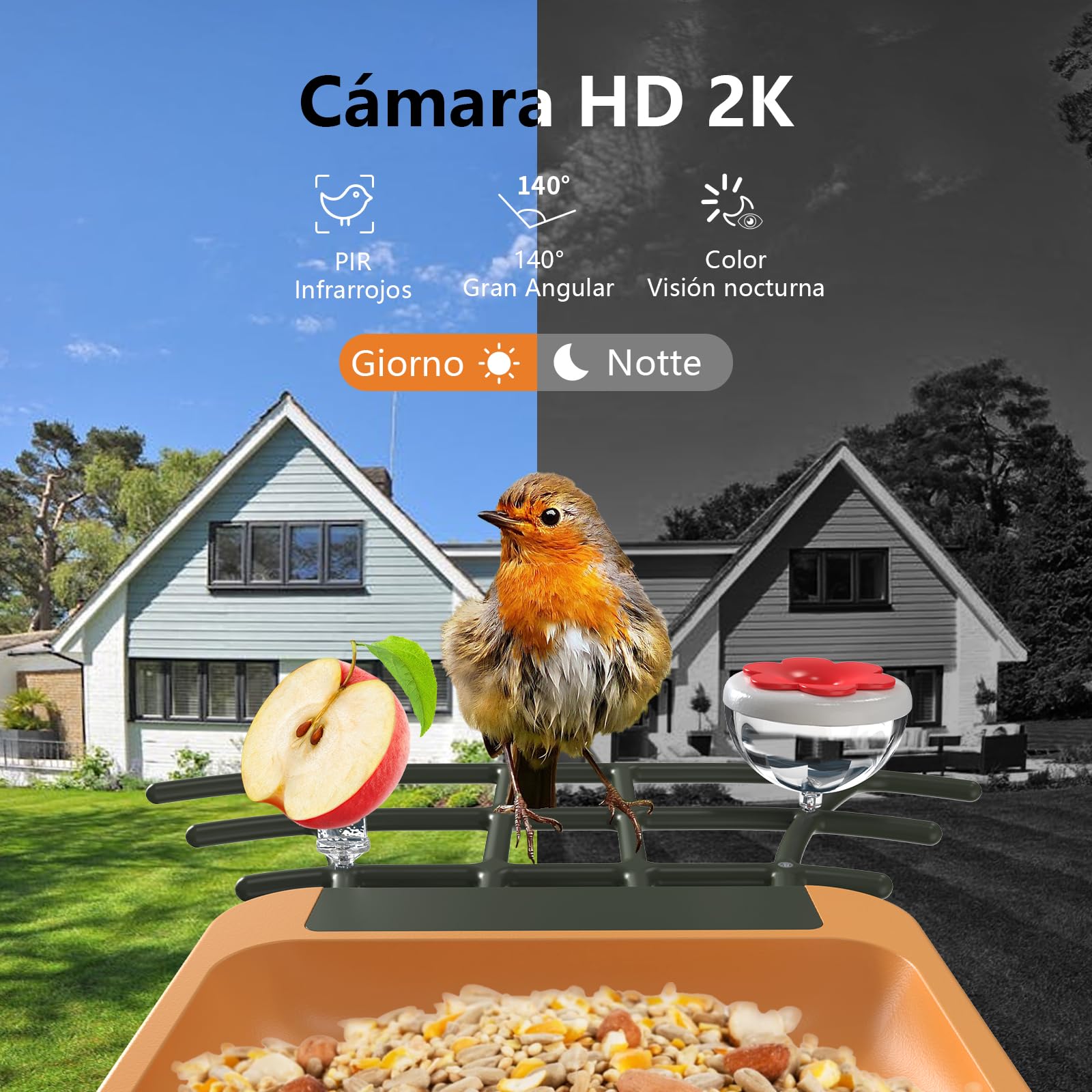 Comedero Pajaros con Cámara 2K HD AI identifica 10000+ Pájaros Solar Comedero Pajaros Exterior Notificación Instantánea Impermeable IP65 Almacenamiento en Nube Captura Automática Imagen/Videos