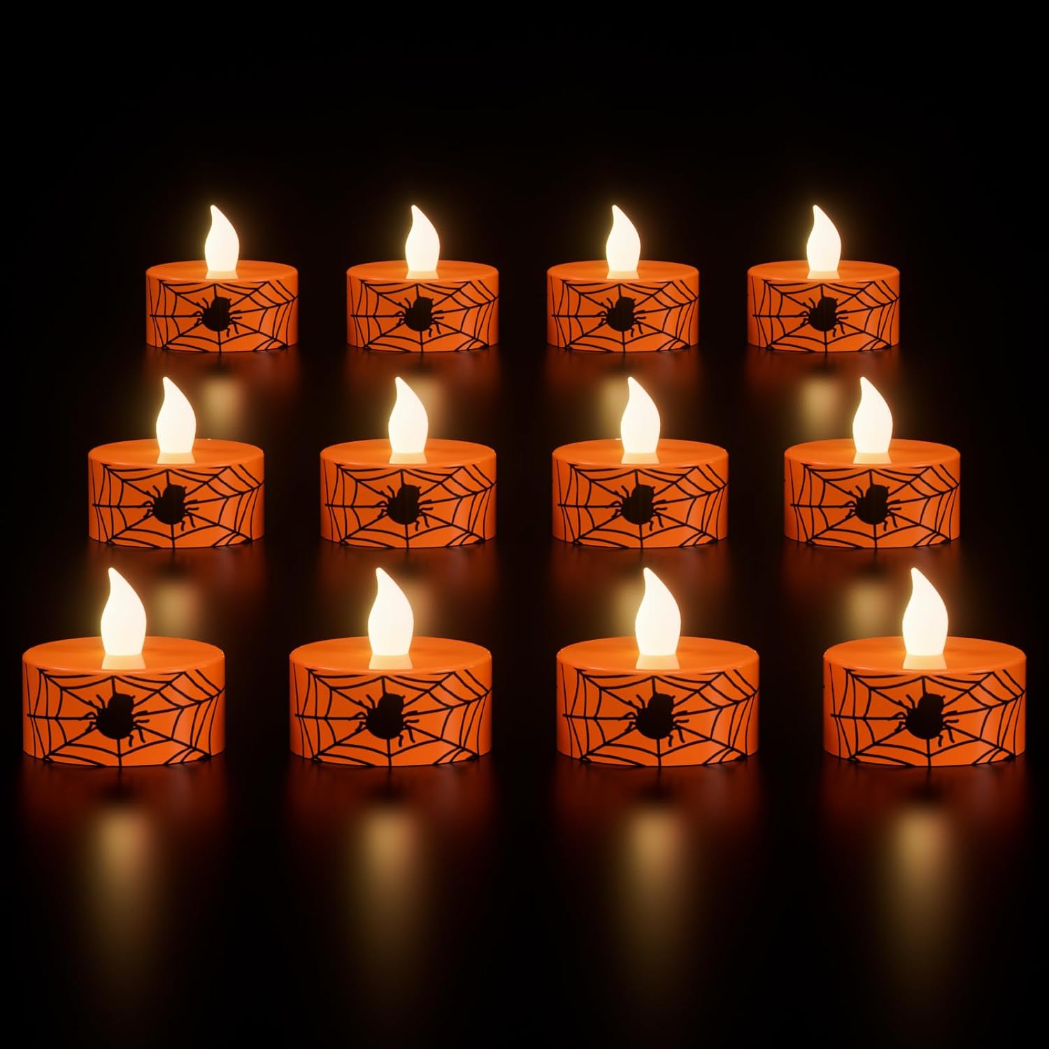 Wondise Halloween Tea Lights 6H Timer Flameless Votive Candles Battery Operated Candles 12 Pack LED Candles Spider Web Tea Lights for Fall Indoor Halloween Decoration(1.5" D x 1.4" H)