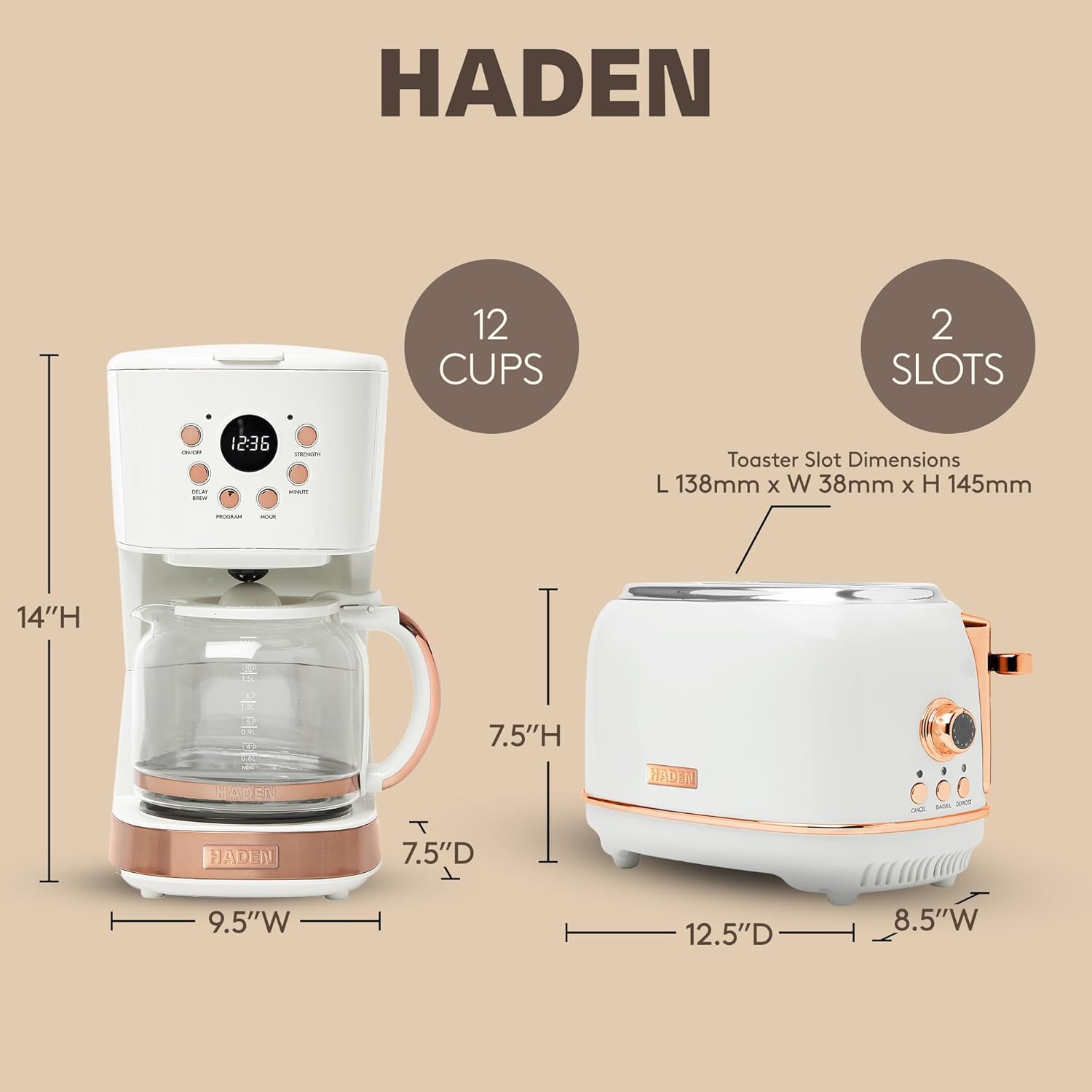 Haden Heritage 2 Slice Wide Slot Stainless Steel Toaster Bundled with 12 Cup Programmable Drip Coffee Maker Coffee Machine, Ivory & Copper