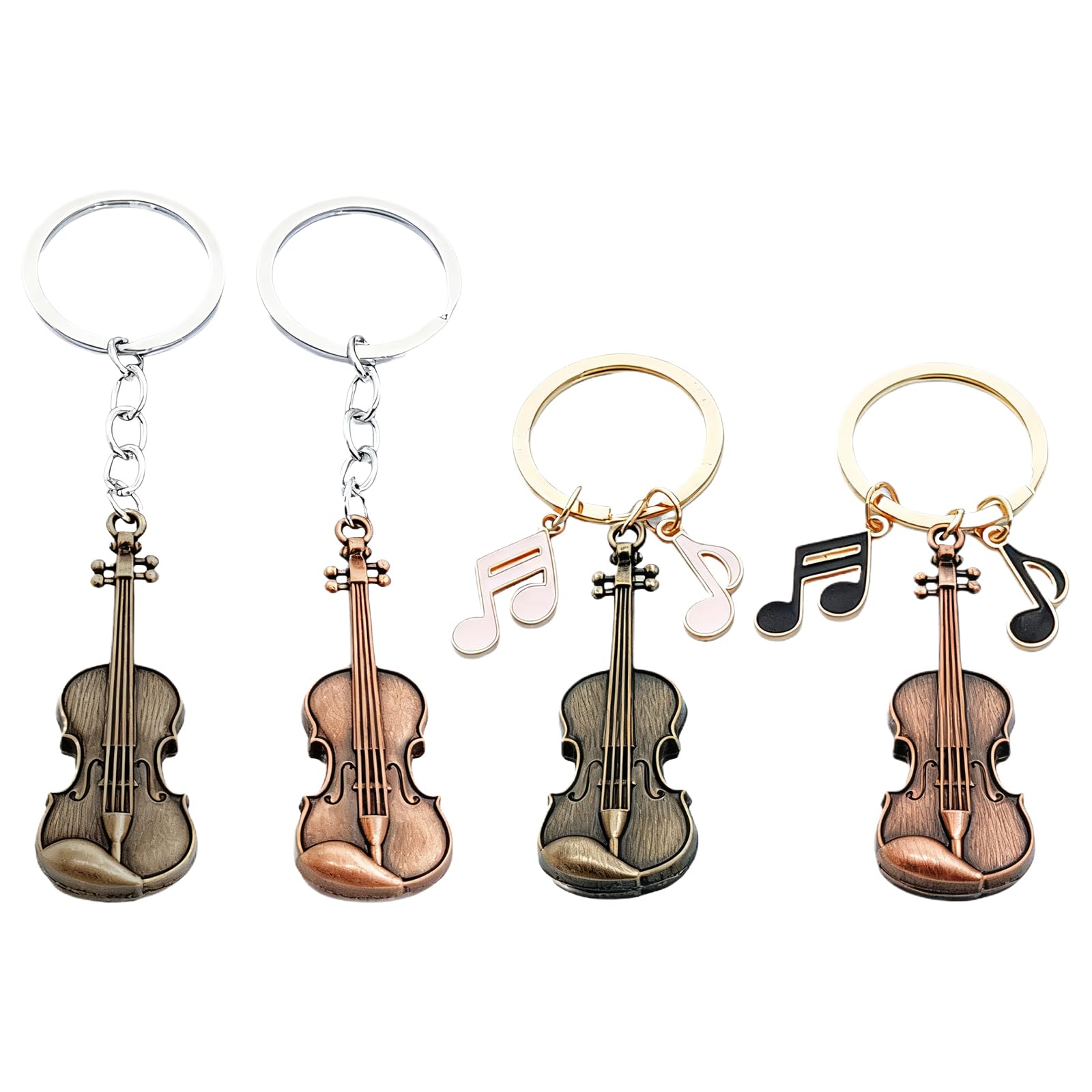 Zinc Alloy Violin Keychain, Weathered Charm in Bronze and Red Copper, Pocket-Sized Tiny Violin Keyring with Musical Notes - 4-Piece Set, Artistic Decor for Music Lovers