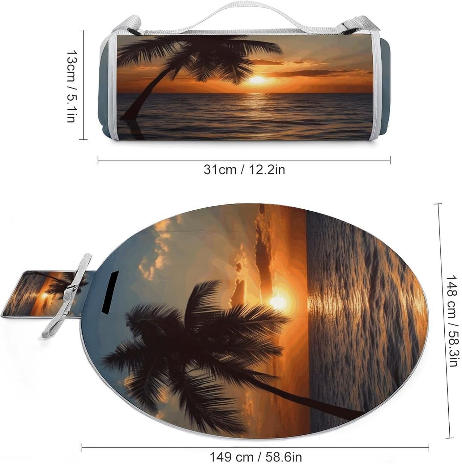 Sunset Palm Tree Ocean Picnic Mat Lightweight Waterproof Picnic Blankets Extra Large Picnic Outdoor Blankets Foldable Sandproof Beach Blanket for Park Beach Camping Courtyard 58.3''x58.3''
