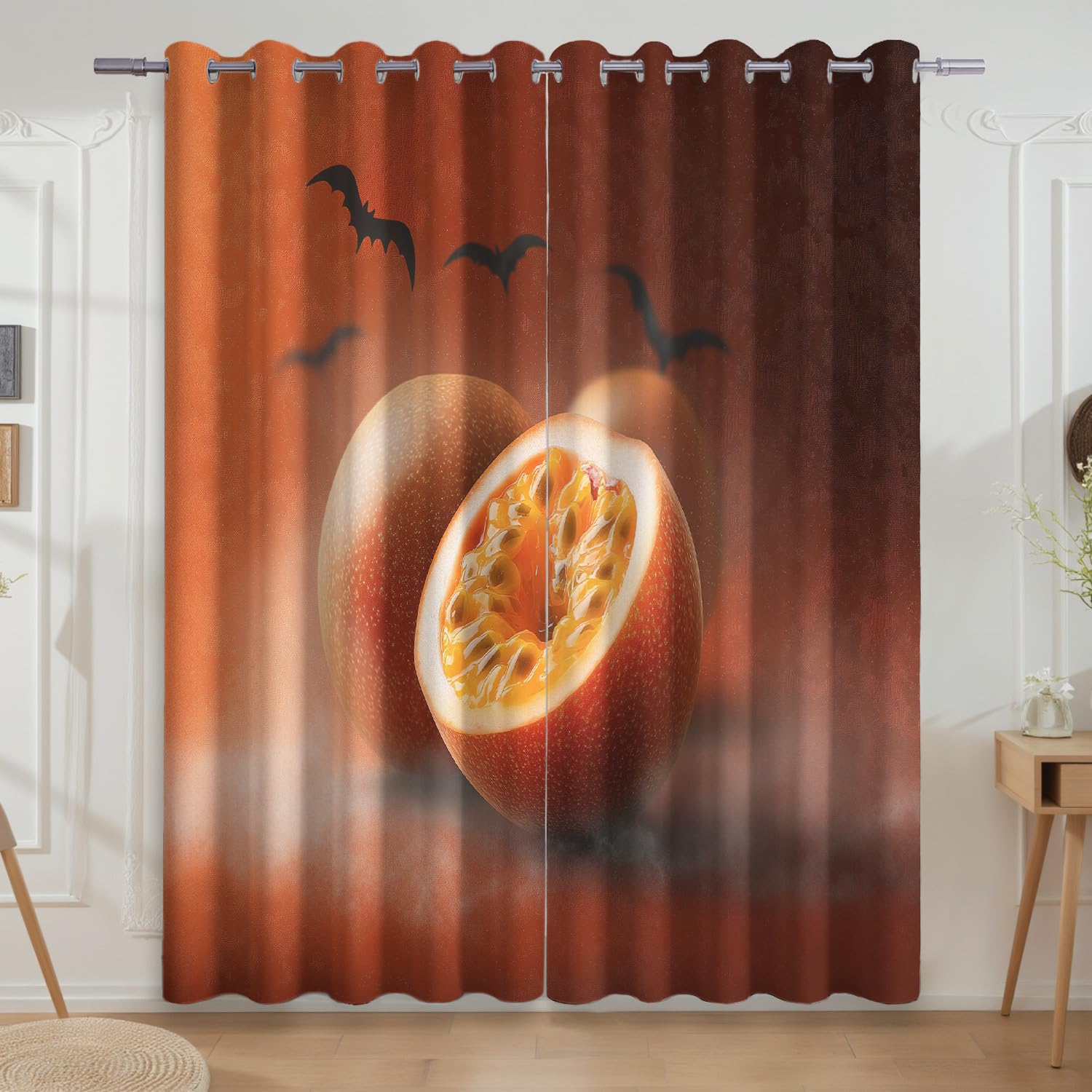 Otherworldly Grace Realistyczne nietoperze z marakui Halloween poliestrowe zasłony do przedszkola lub pokoju zabaw - zasłony z oczkami redukujące dźwięk i ciepło, blokujące słońce, karmelowy