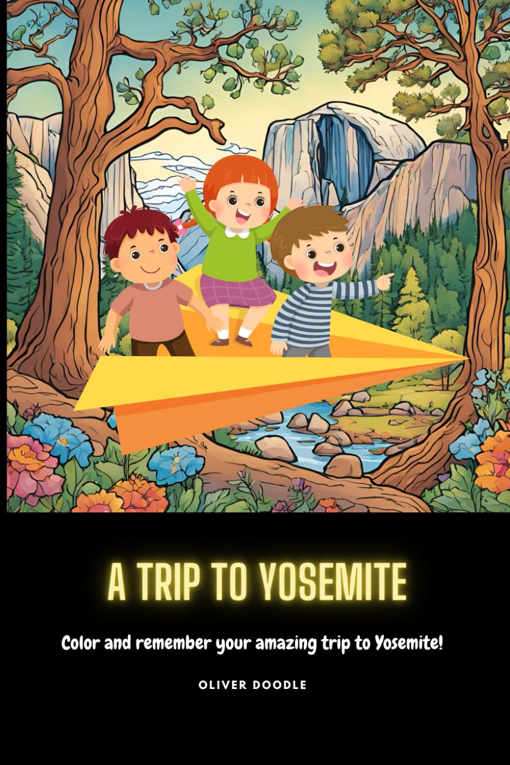 A Trip to Yosemite: A friendly bear waving with Yosemite Valley in the background, featuring Half Dome and a waterfall.