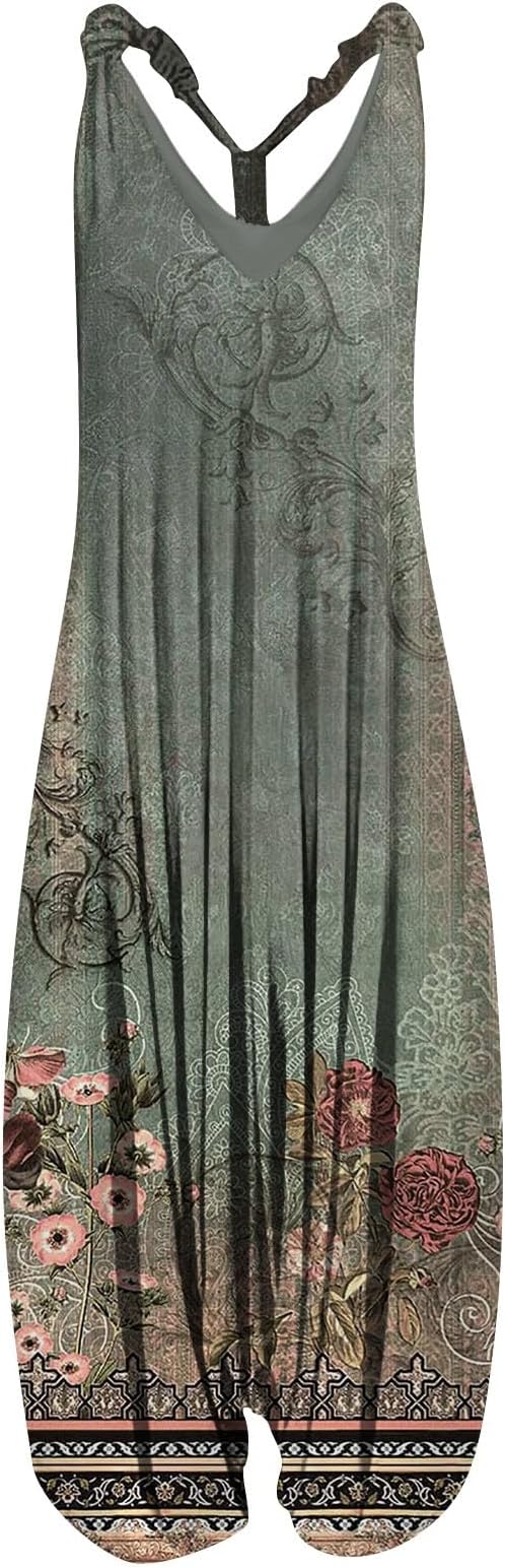 OIOLOYJM Summer Plus Size Boho Overalls for Women 2025 Fashion Jumpsuits Loose Fit Rompers Floral Printed Baggy Harem Pants