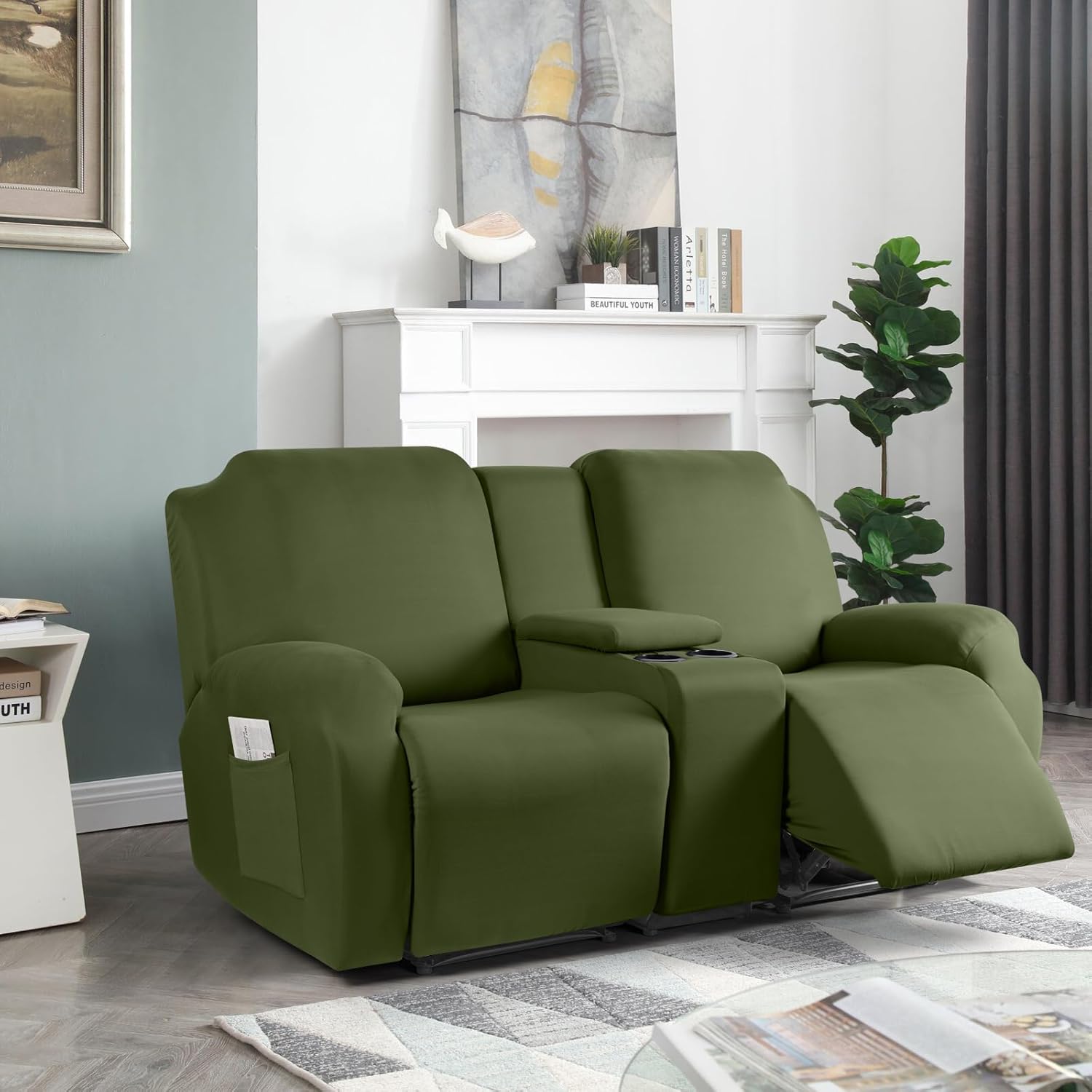 TAOCOCO Recliner Loveseat with Console Covers 4 Piece Stretch Recliner Sofa Covers Polyester Fabric Recliner Covers Soft Washable Furniture Protector (Olive Green, 2 Seater with Console Cover)