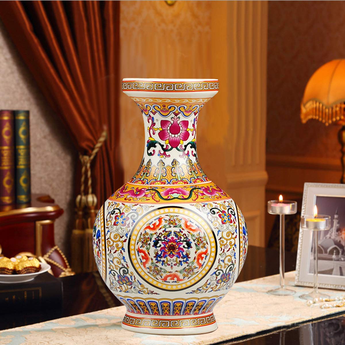 fanquare Jingdezhen Keramik Vase mit Gelbe und Rot Blumen Motiv, Handgefertigte Dekorative Porzellan Blumenvase, Höhe 25cm