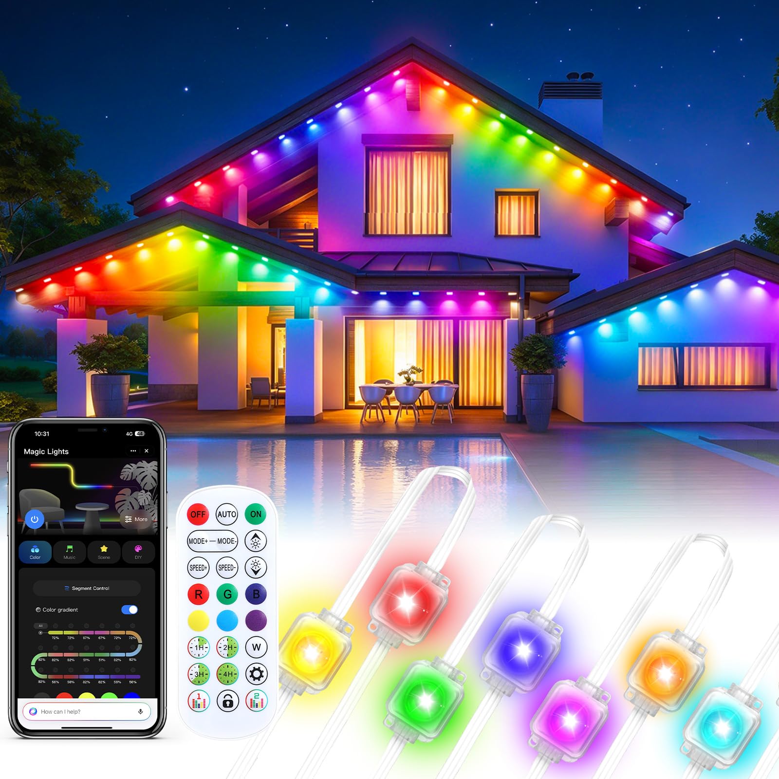 Permanent Outdoor Lights 15M/30LEDs Smart RGB IC LED Eave Lights with APP Remote
