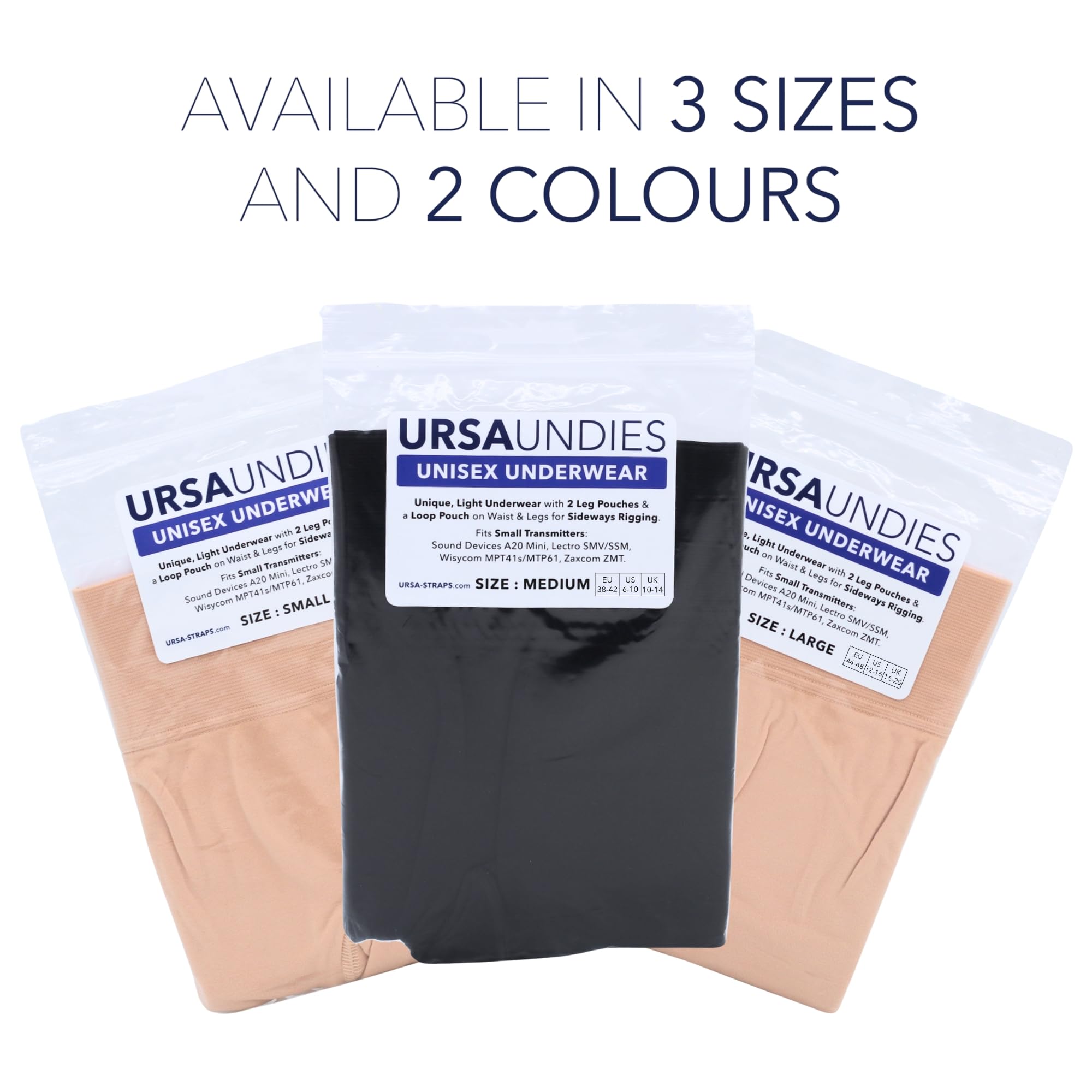 URSA Undies - Boxer leggeri per film, TV e teatro, passanti integrati e tasca con bottone automatico, per posizionamento wireless del microfono (nero, M)