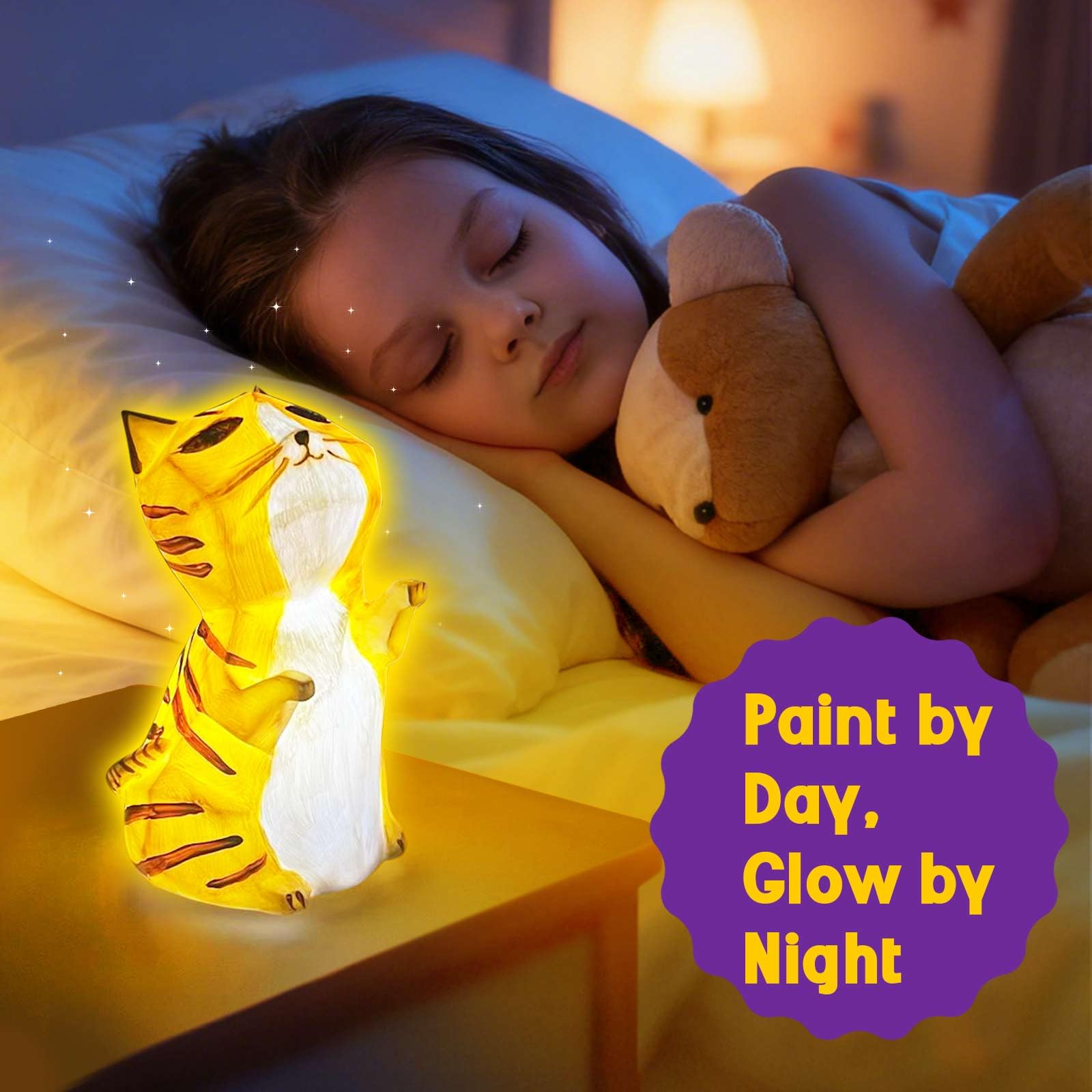 EPUMP Luce Notturna a Forma di Gatto Ricaricabile (1200 mAh) con 2 Modalità di Luce – Kit Creativo DIY da Dipingere, Gioco da Pittura e Regalo per Bambini da 5 a 12 Anni
