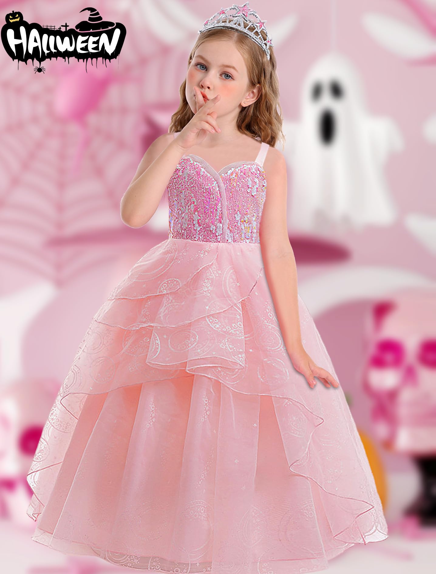 Marendyee Princess Costumes for Girls Kids World Book Day Costume Pink Witch Costume Sequin Dress Bubble Tulle Dresses Witches Cosplay with Crown Scepter Set Dressing up 9-10 Years - Image 2